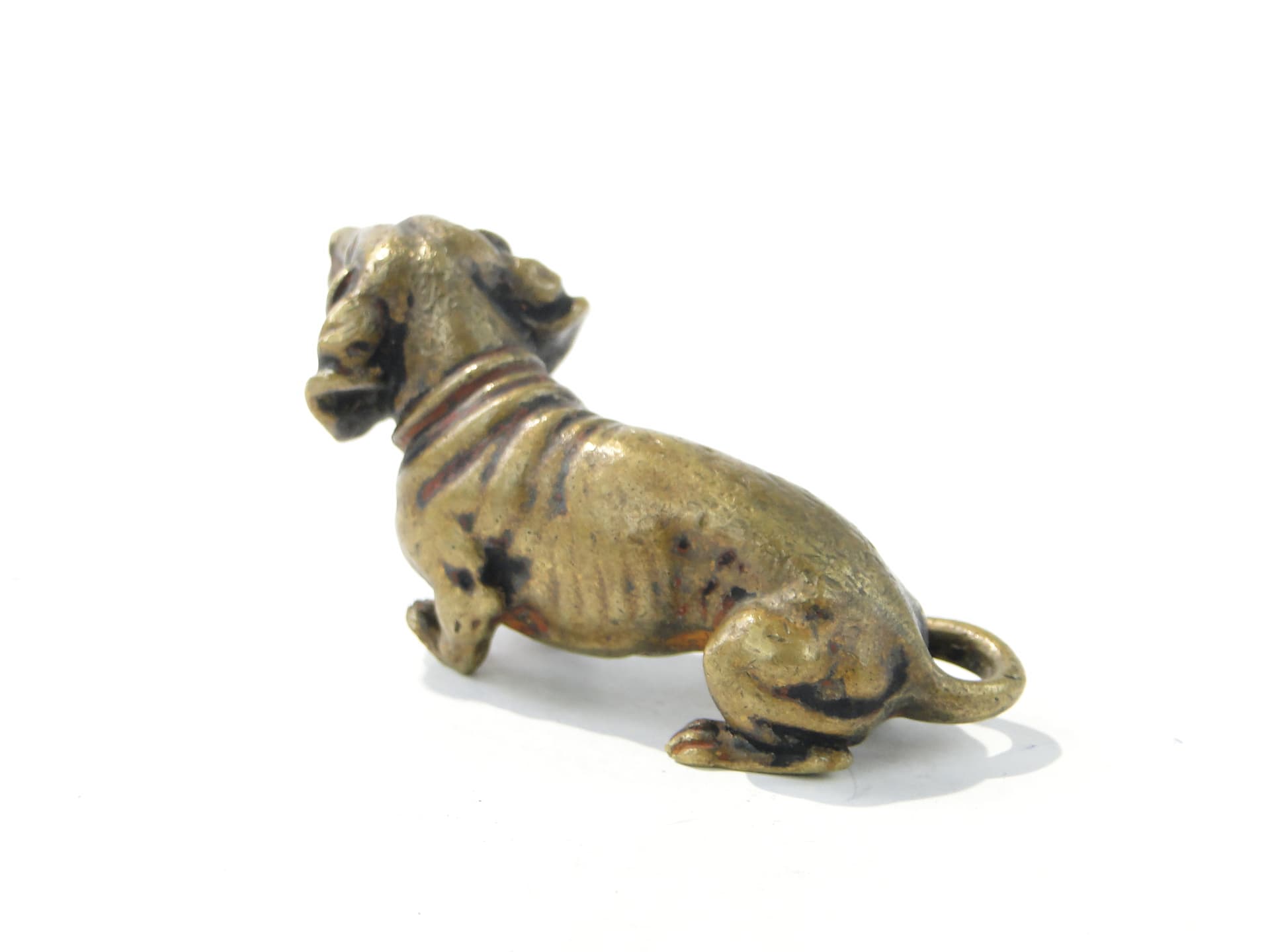 Figurka jamnika, wiedeńska, brąz polichromowany brązowy czarny złoty pomarańczowy, Austria, początek XX w. - 387941