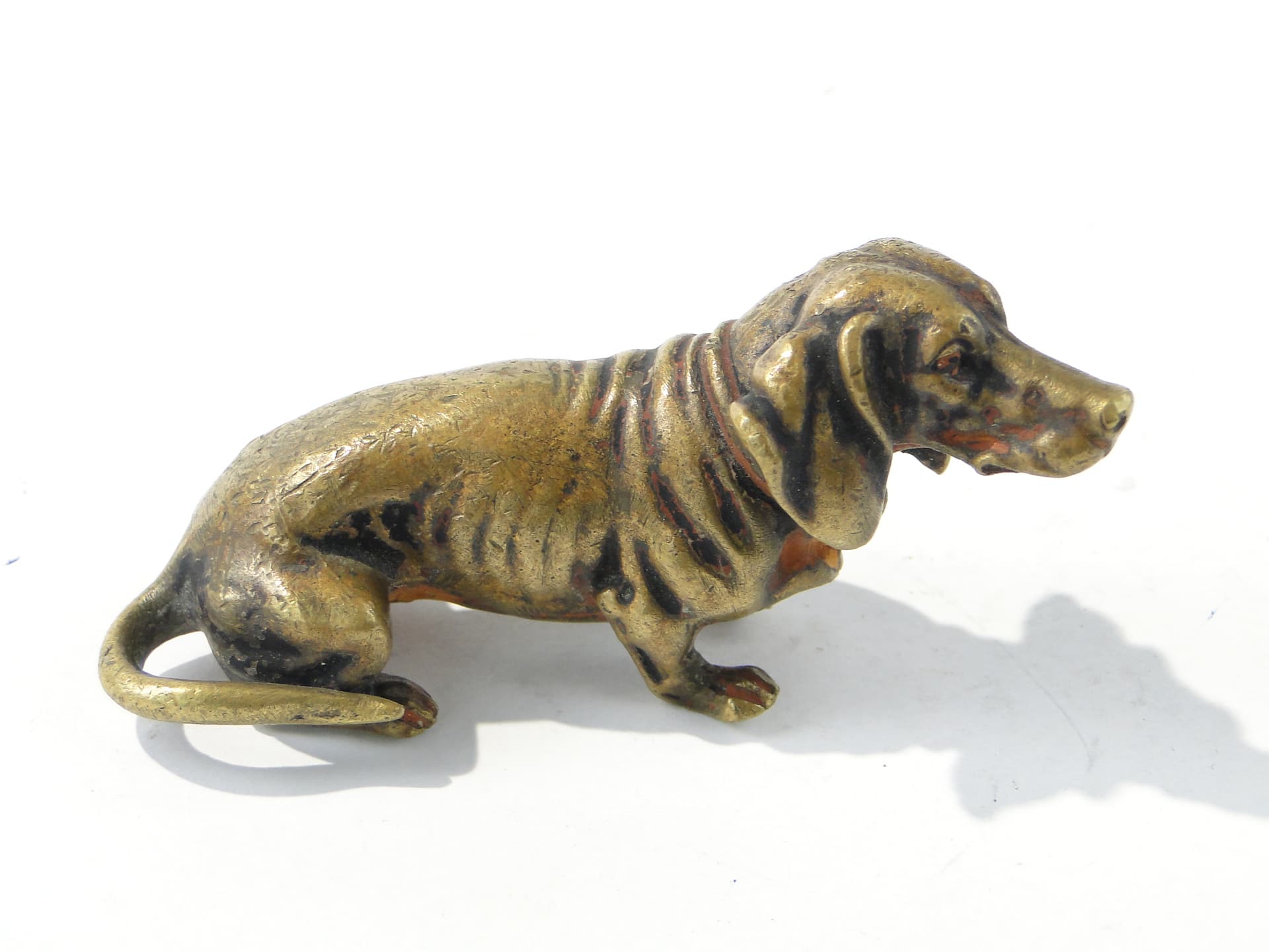 Figurka jamnika, wiedeńska, brąz polichromowany brązowy czarny złoty pomarańczowy, Austria, początek XX w. - 387946