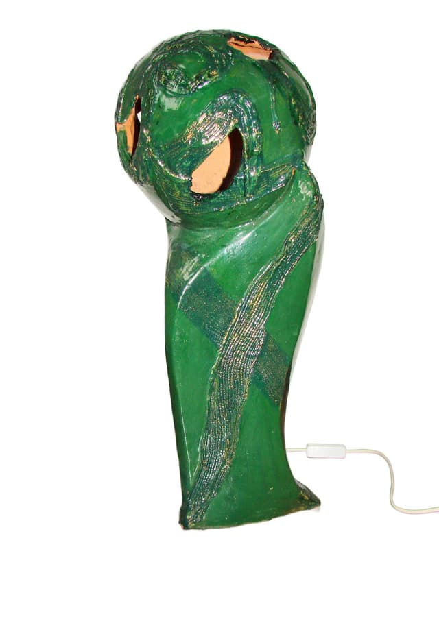 Lampa-rzeźba Głowa, ceramika szkliwiona zielona brązowa złota, Polska, lata 60. - WYMIARY