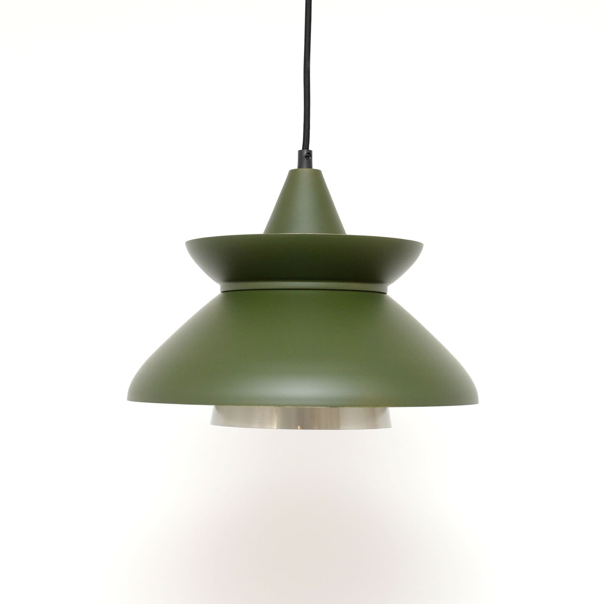 Lampa sufitowa, butelkowa zieleń, metal, stal szczotkowana srebrna, Dania, lata 70. - 388150