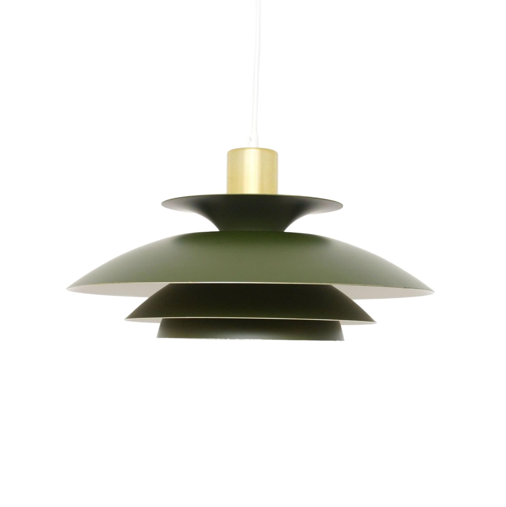 Lampa wisząca, zielony metal, mosiądz złoty, Dania, lata 70.