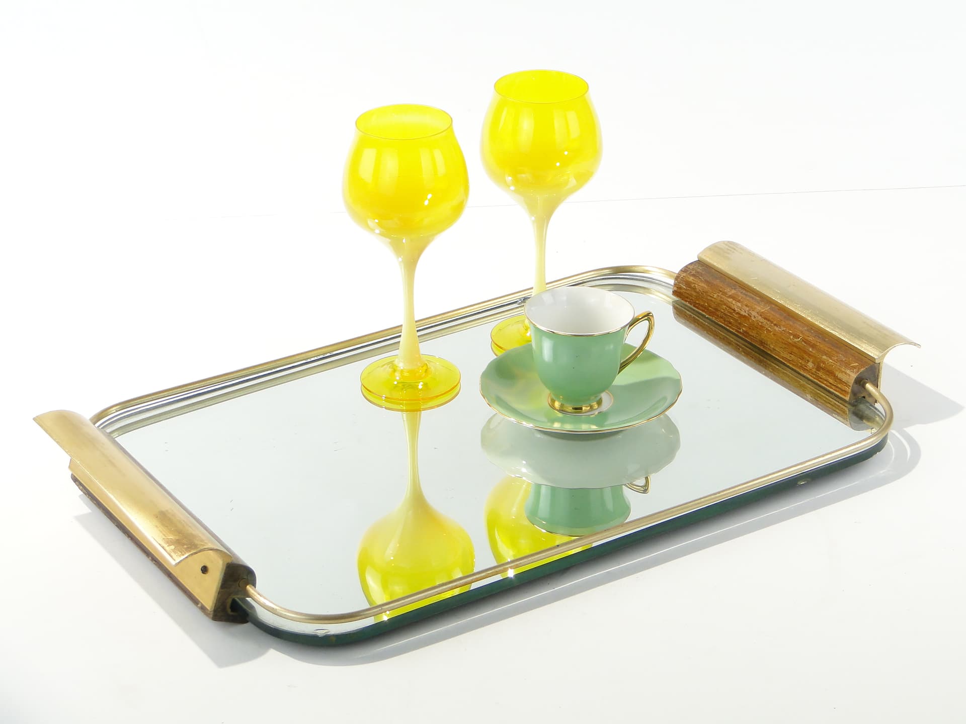 Tray Mid-Century Modern, gold, aluminium, mahogany, mirror, Denmark, 1960s. - 388171