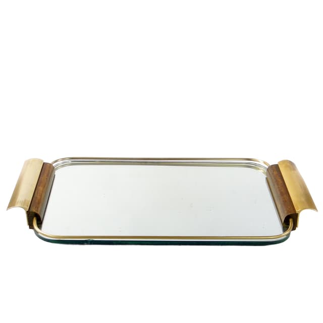 Tray Mid-Century Modern, gold, aluminium, mahogany, mirror, Denmark, 1960s. - DIMENSION