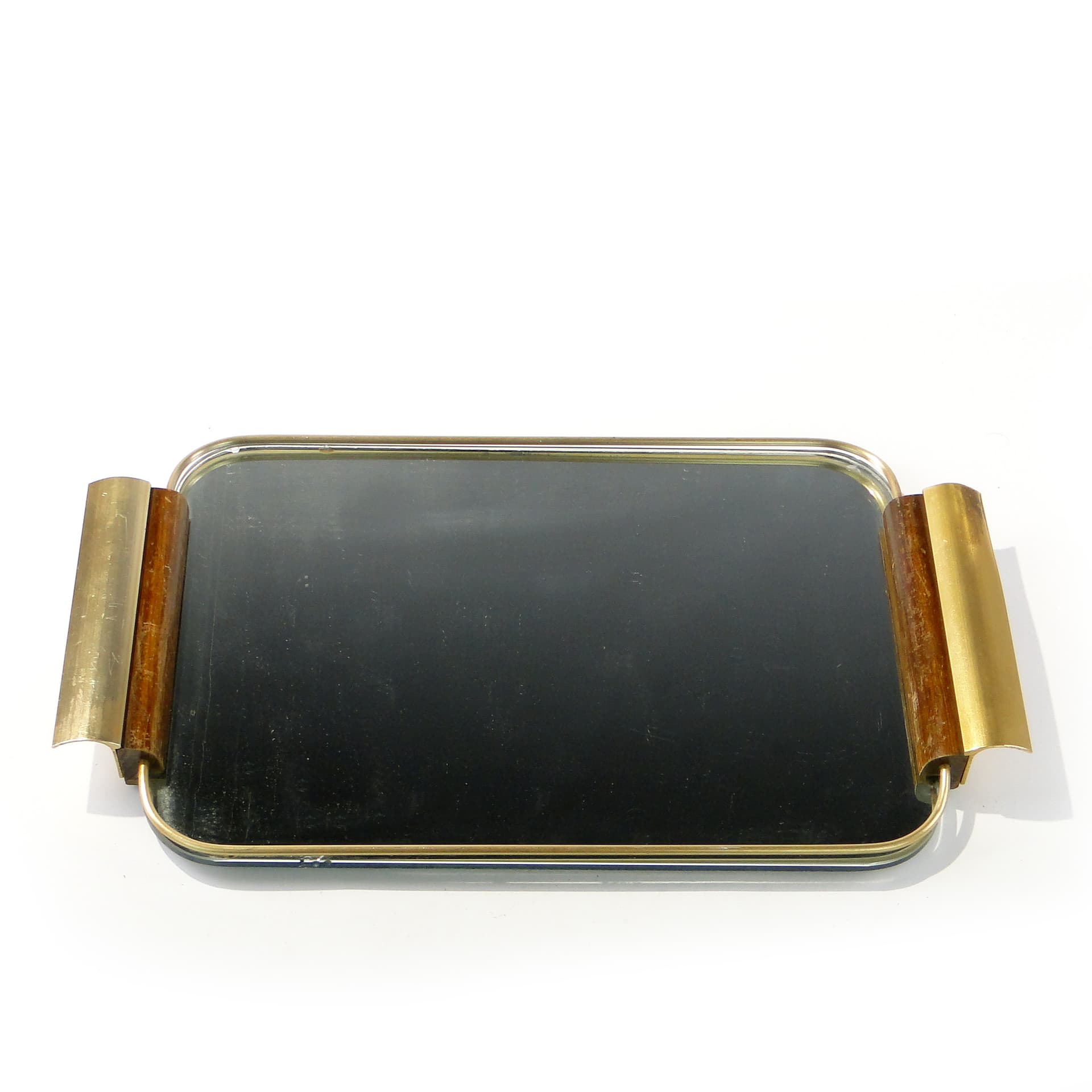 Tray Mid-Century Modern, gold, aluminium, mahogany, mirror, Denmark, 1960s. - 388172