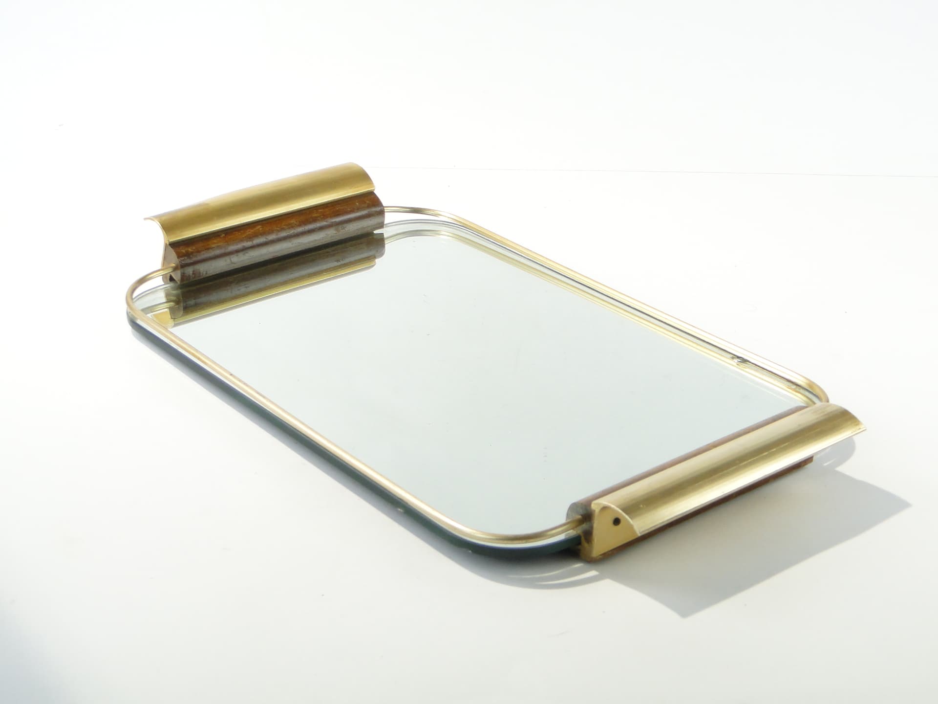 Tray Mid-Century Modern, gold, aluminium, mahogany, mirror, Denmark, 1960s. - 388169
