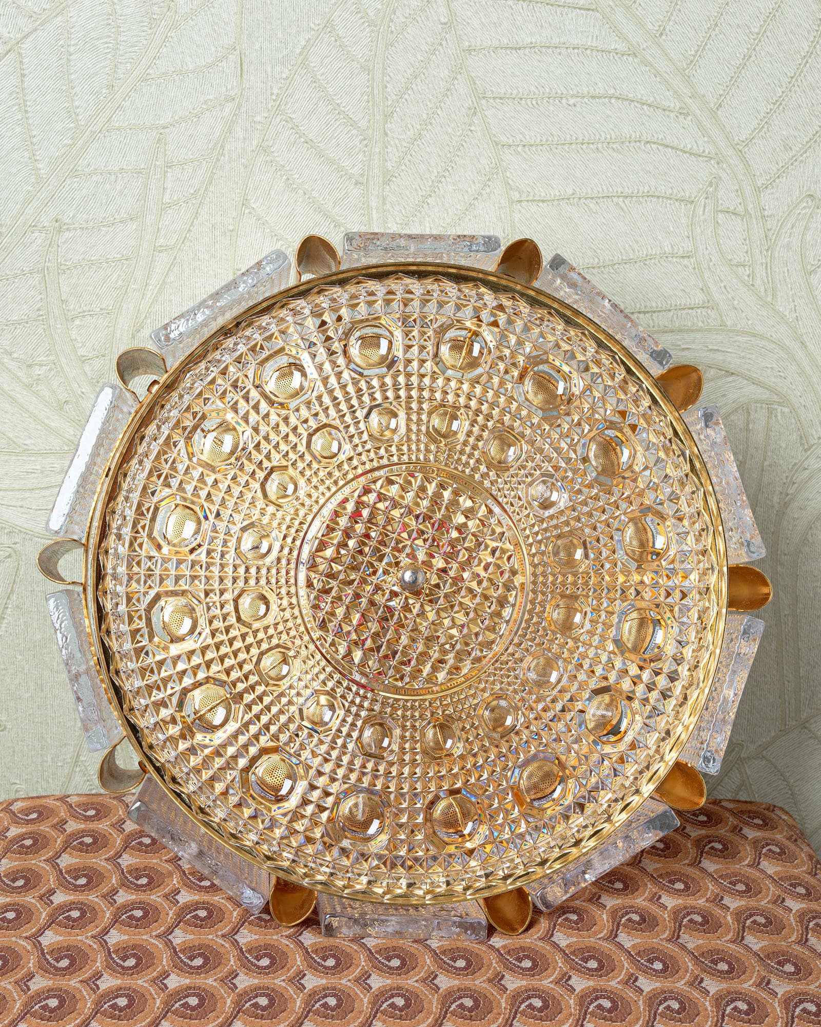 Ceiling lamp, Orrefors, clear glass, gold metal, by C. Fagerlund, Sweden, 1960s - 388223