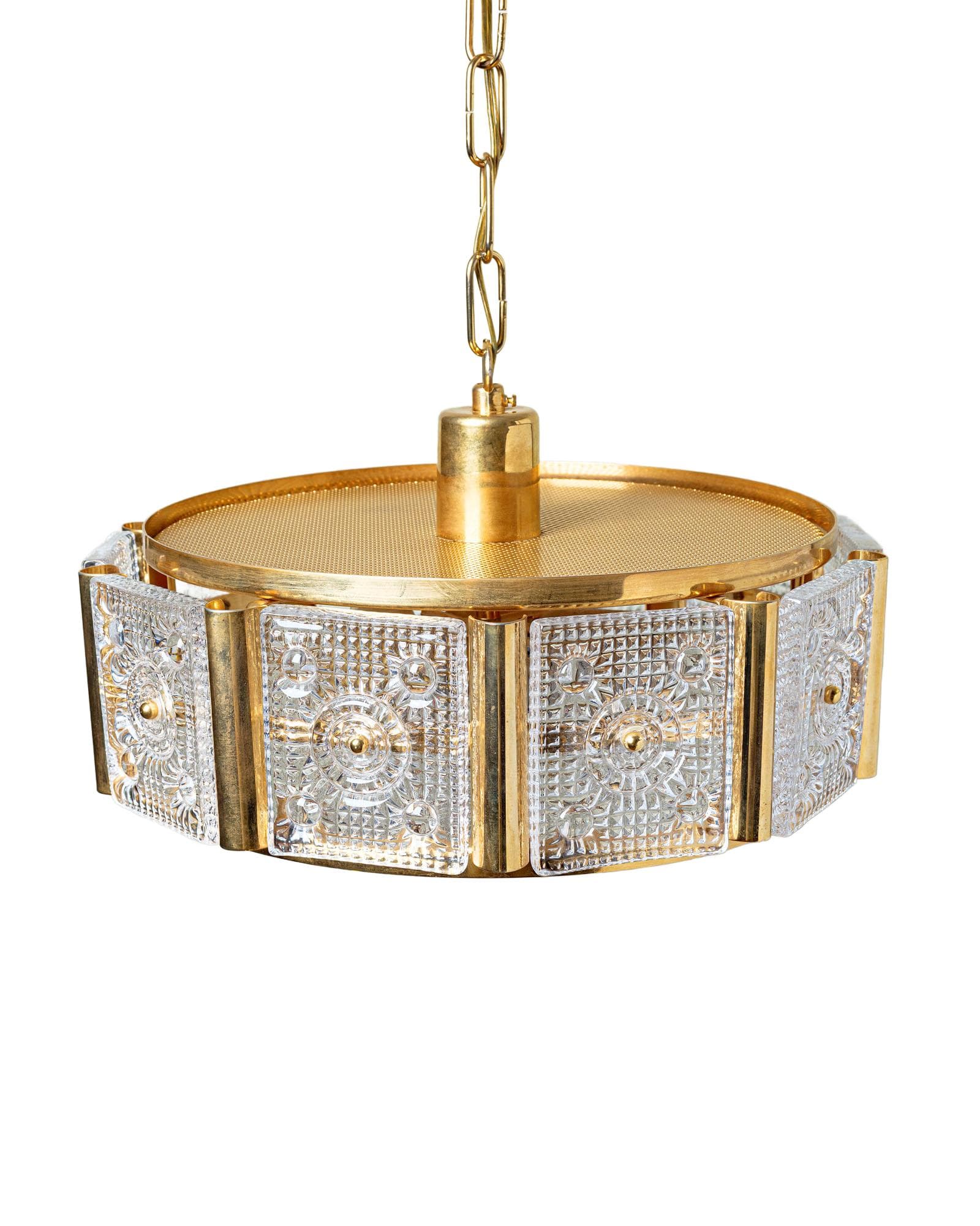 Ceiling lamp, Orrefors, clear glass, gold metal, by C. Fagerlund, Sweden, 1960s