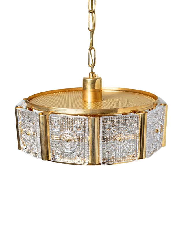 Ceiling lamp, Orrefors, clear glass, gold metal, by C. Fagerlund, Sweden, 1960s - DIMENSION