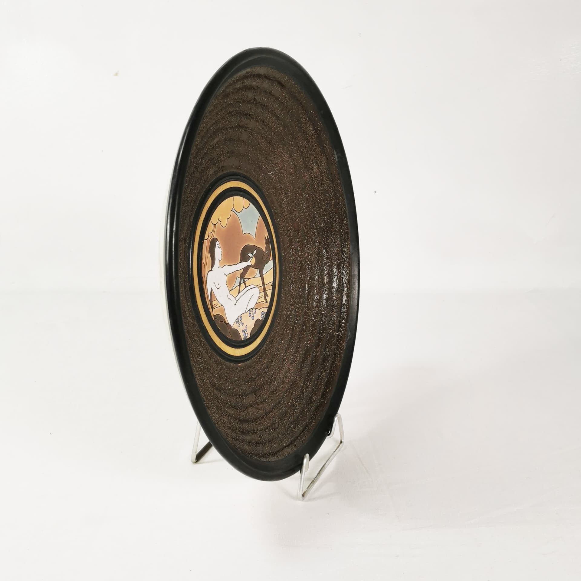 Platter Art Deco, brown gold beige black white blue ceramic, by R. Chevallier, Boch Frères Keramis, Belgium, 1930s. - 388350