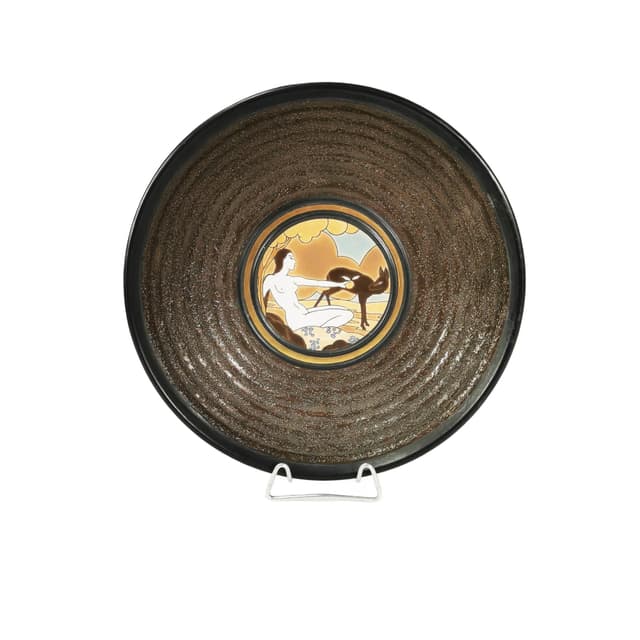 Platter Art Deco, brown gold beige black white blue ceramic, by R. Chevallier, Boch Frères Keramis, Belgium, 1930s. - DIMENSION