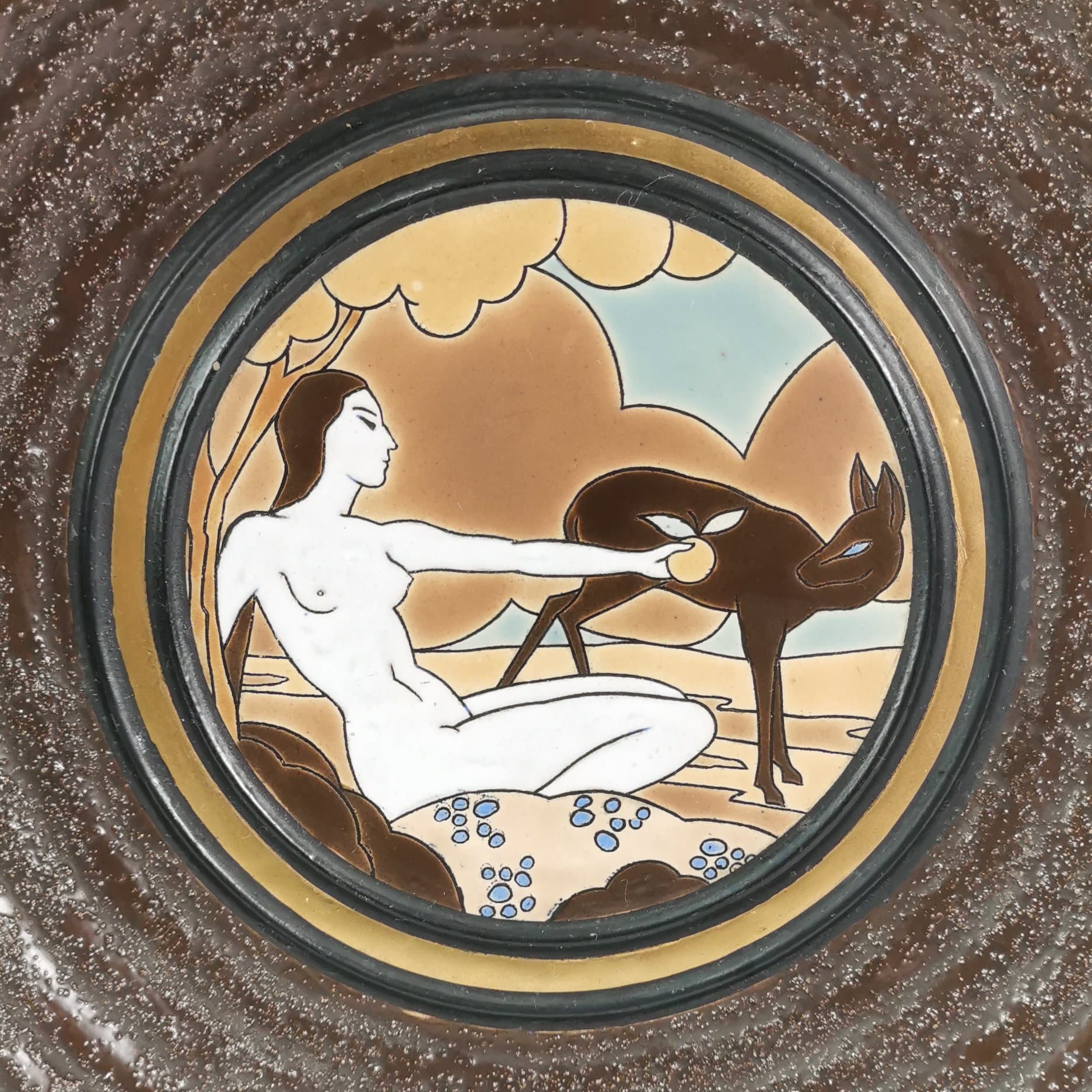 Platter Art Deco, brown gold beige black white blue ceramic, by R. Chevallier, Boch Frères Keramis, Belgium, 1930s. - 388349
