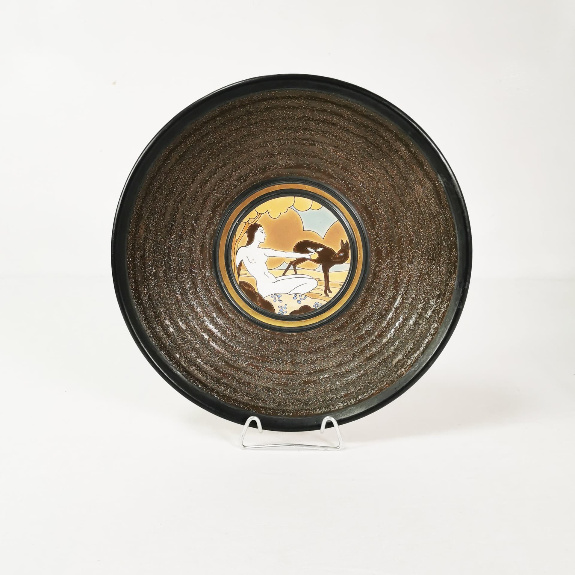Platter Art Deco, brown gold beige black white blue ceramic, by R. Chevallier, Boch Frères Keramis, Belgium, 1930s. - 388348