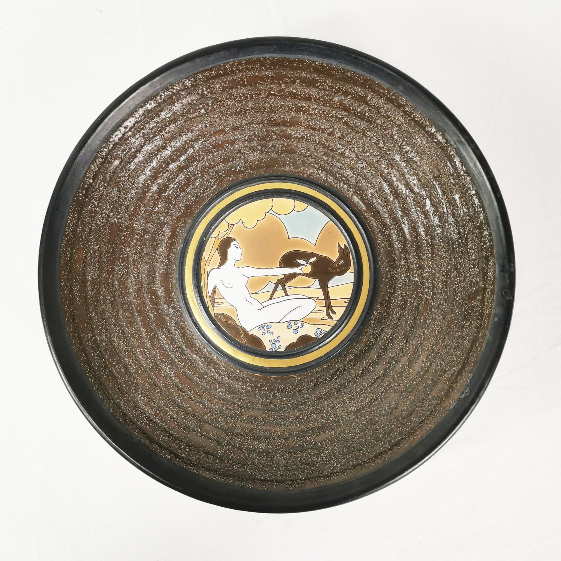 Platter Art Deco, brown gold beige black white blue ceramic, by R. Chevallier, Boch Frères Keramis, Belgium, 1930s. - 388355