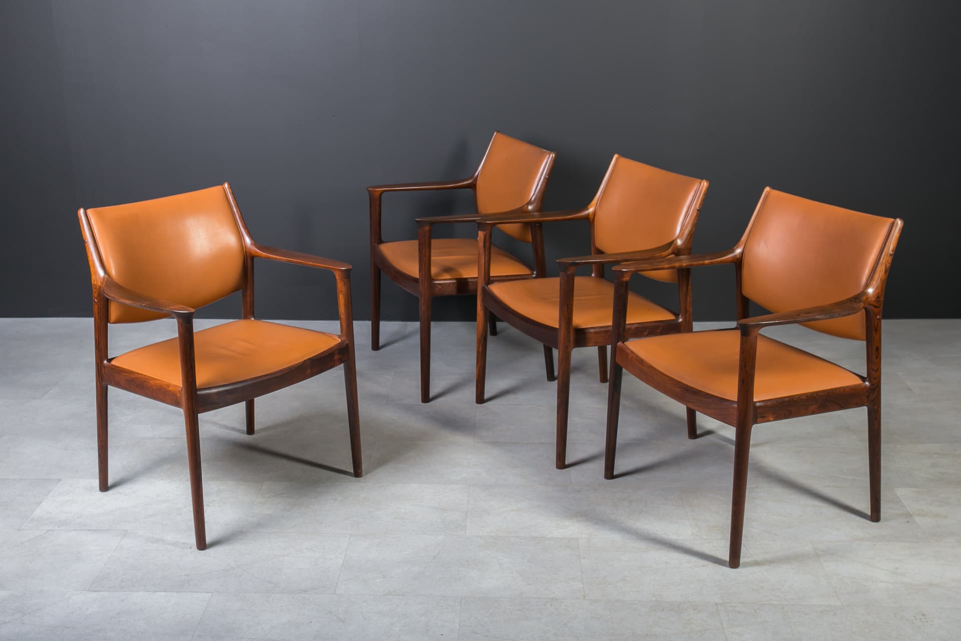 Set of four chairs Elton, cognac leather, dark brown rosewood, by T. Afdal, Norway, 1960s. - 3366