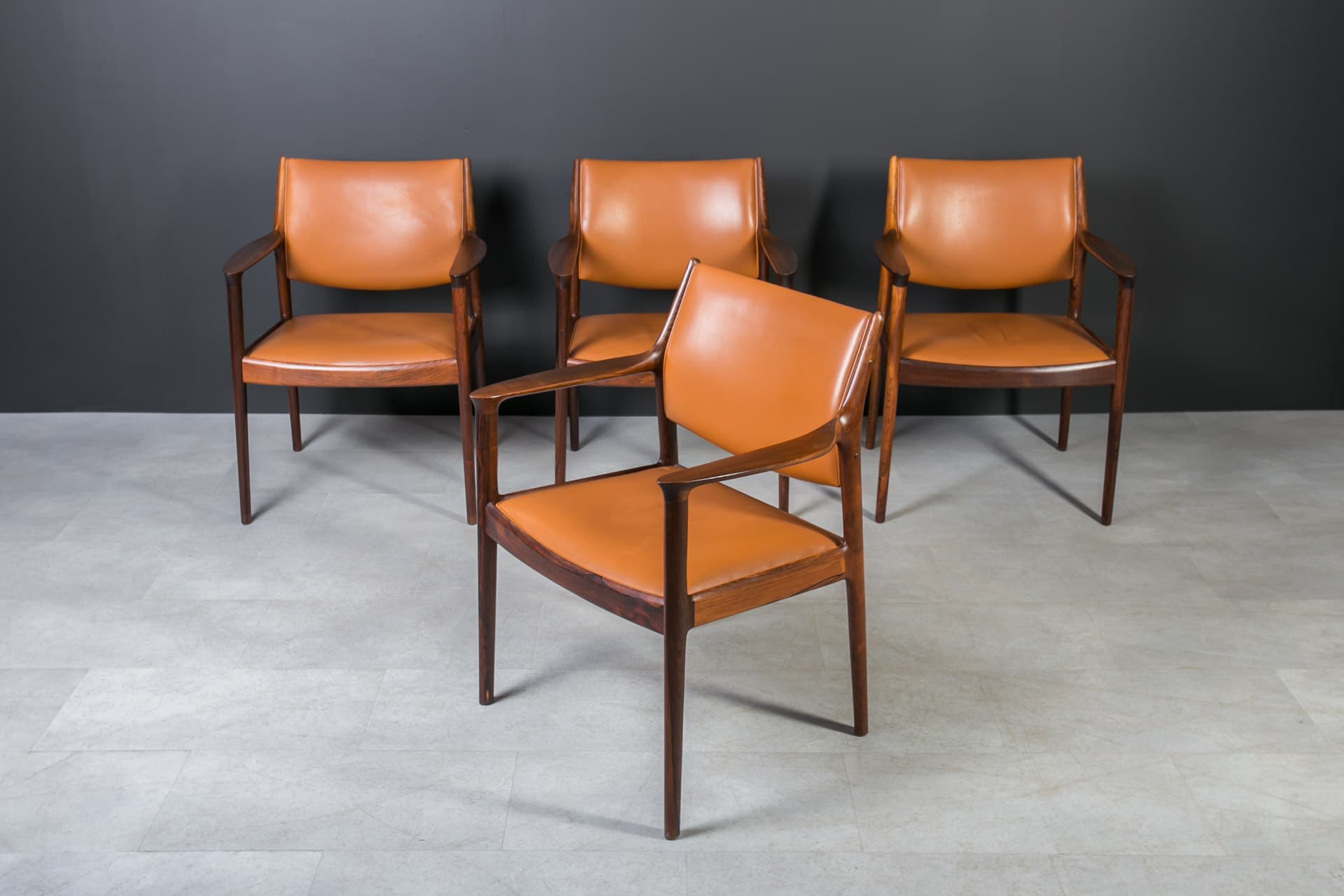 Set of four chairs Elton, cognac leather, dark brown rosewood, by T. Afdal, Norway, 1960s. - 3365