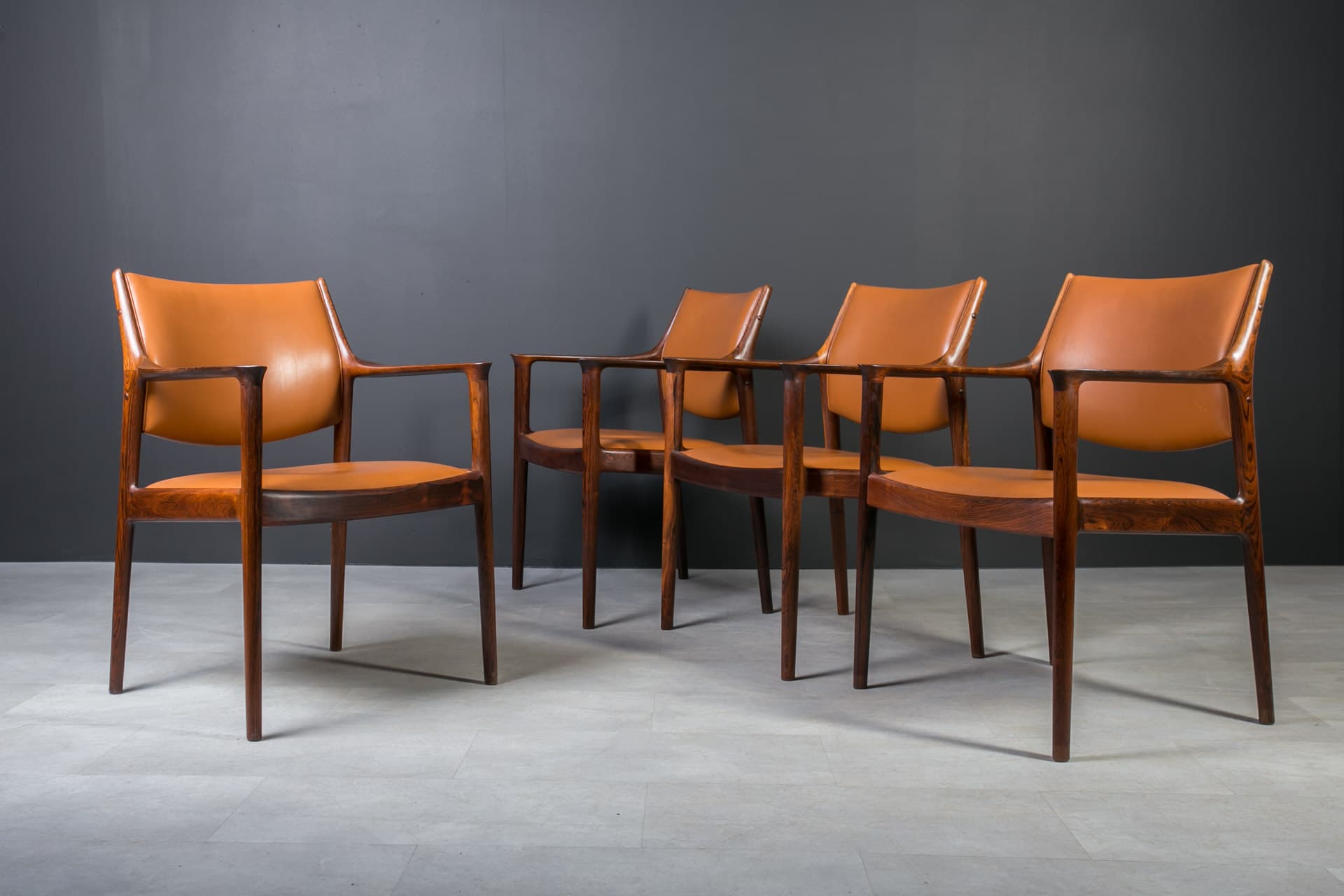 Set of four chairs Elton, cognac leather, dark brown rosewood, by T. Afdal, Norway, 1960s. - 3367