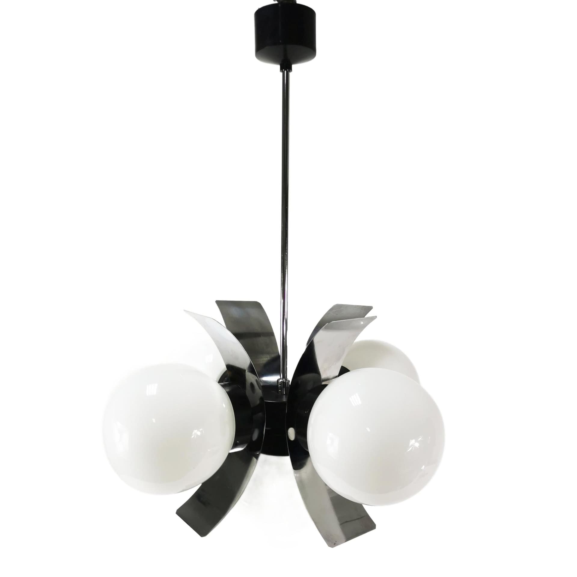 Chandelier Space Age, silver chrome steel, white glass, by J. Hůrka, Napako, Czechoslovakia, 1960s.