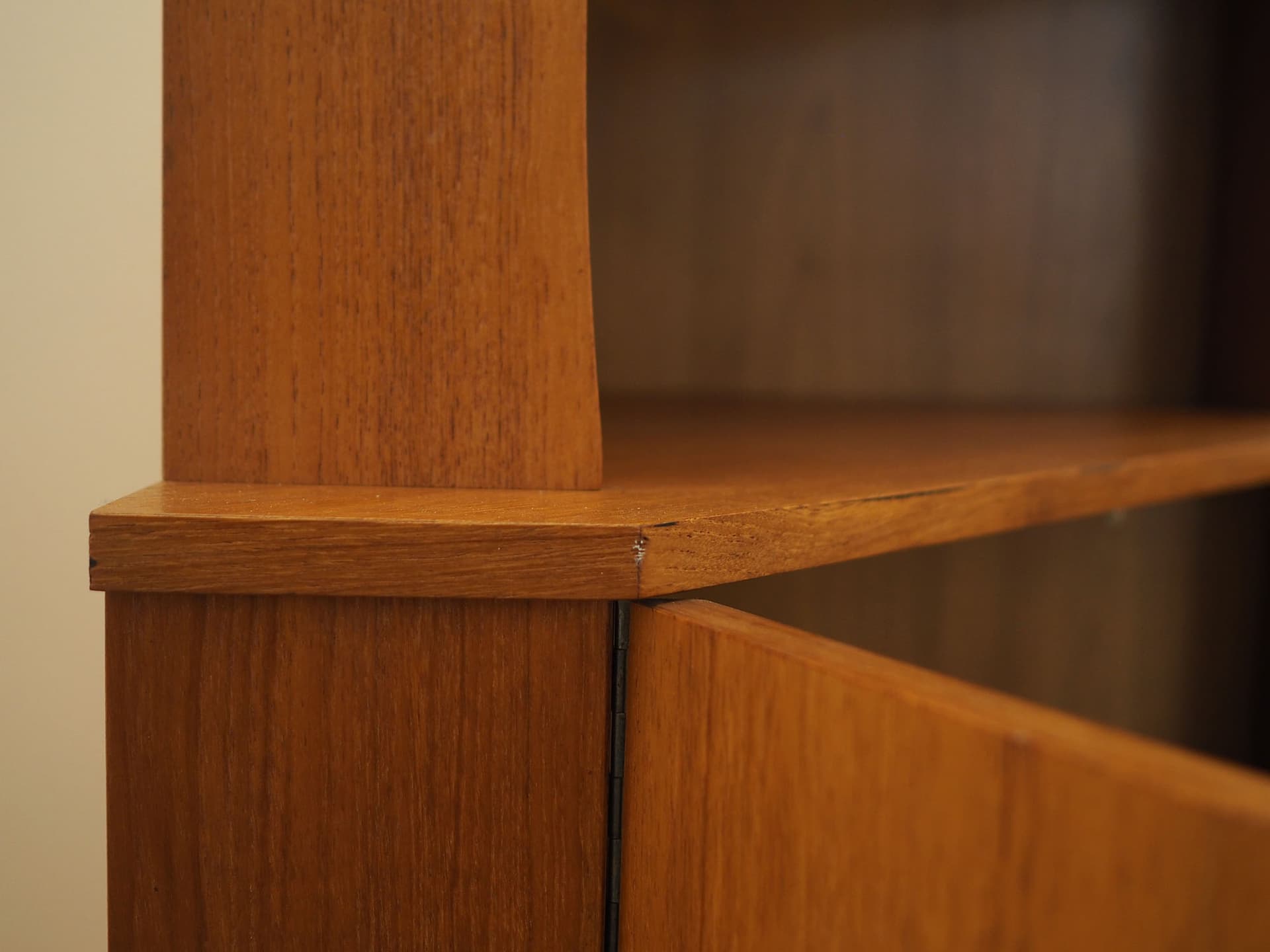 Corner display cabinet, brown orange teak, glass, Denmark, 1960s. - 388420