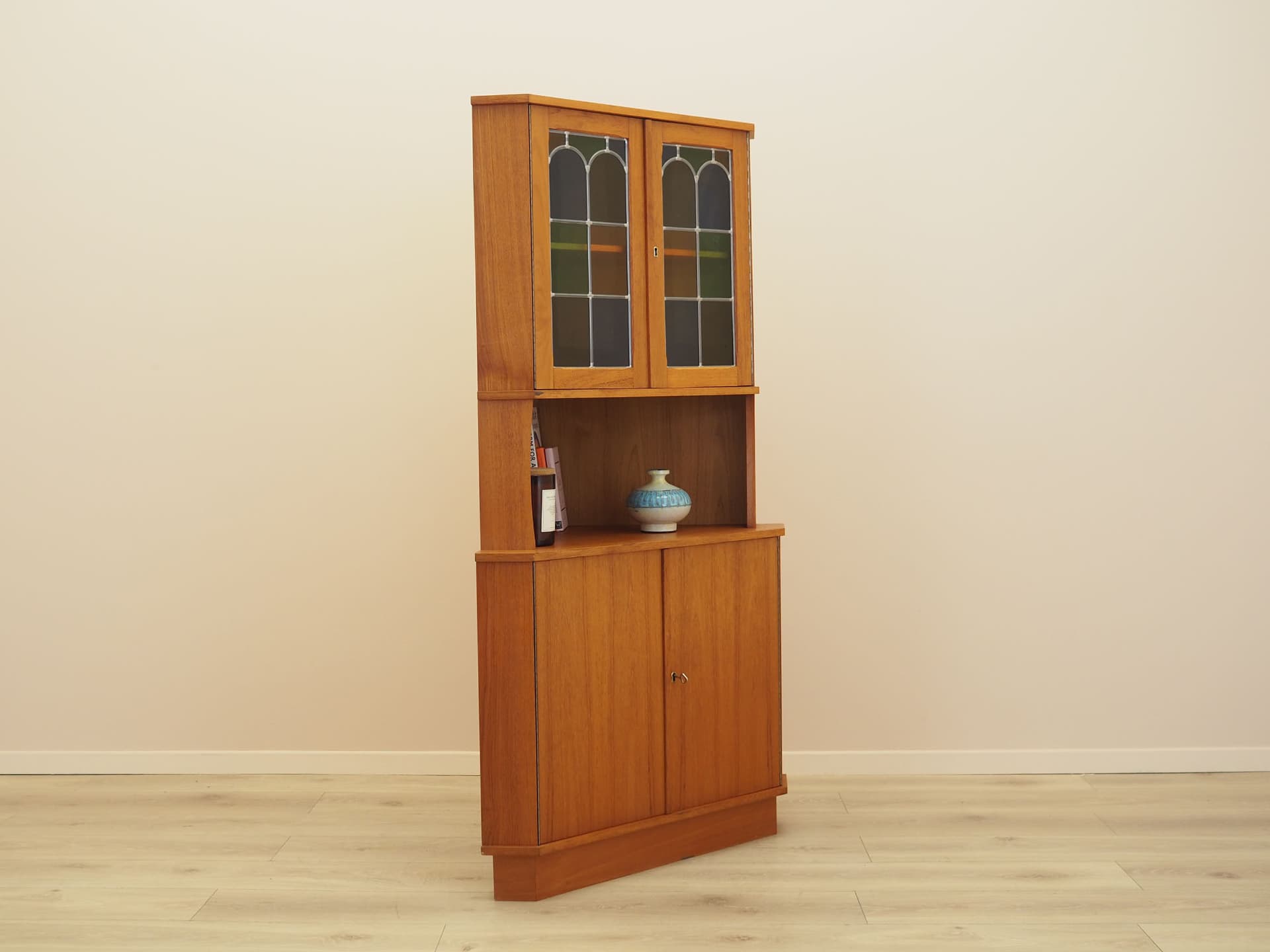 Corner display cabinet, brown orange teak, glass, Denmark, 1960s. - 388412