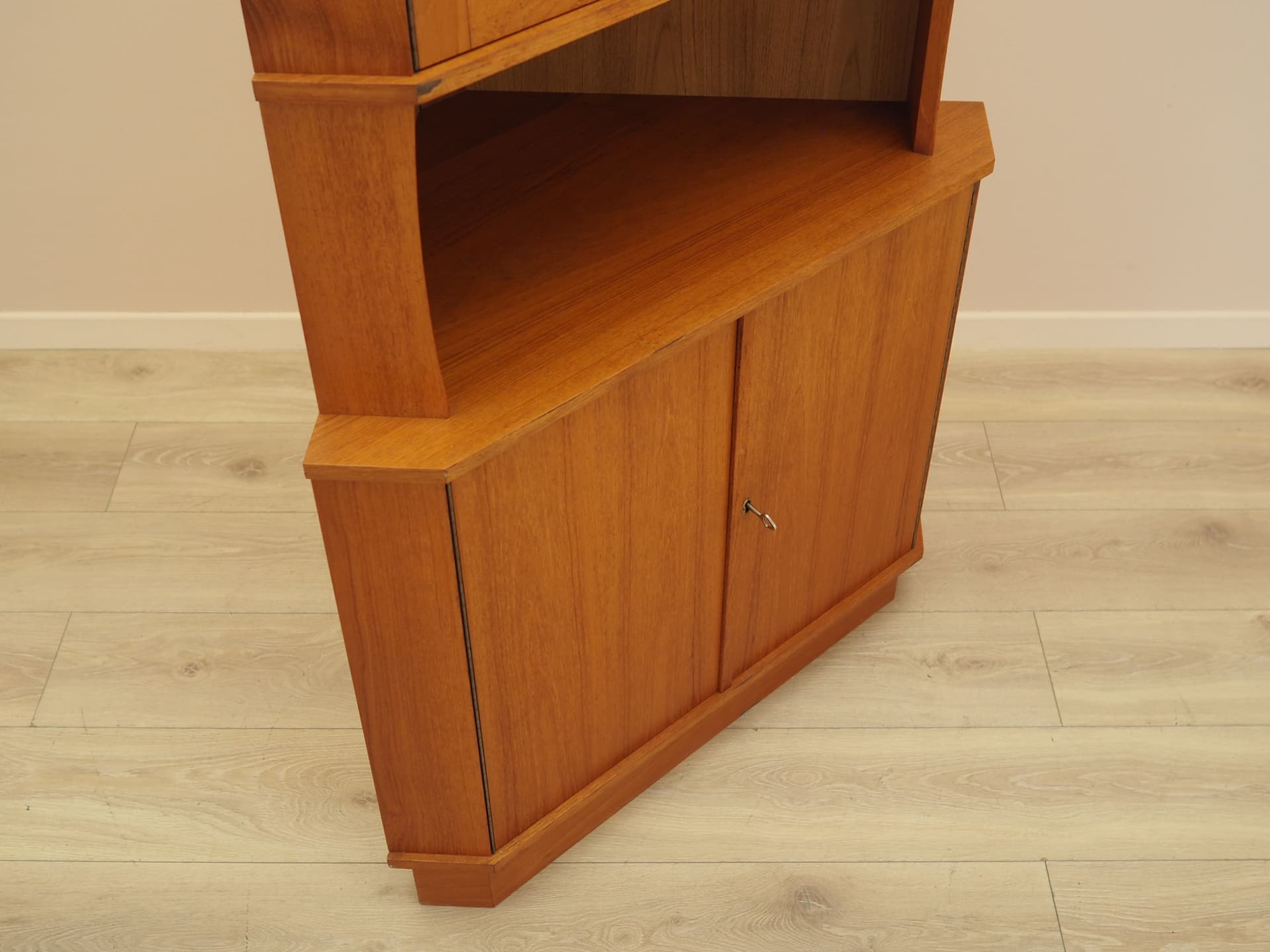 Corner display cabinet, brown orange teak, glass, Denmark, 1960s. - 388414