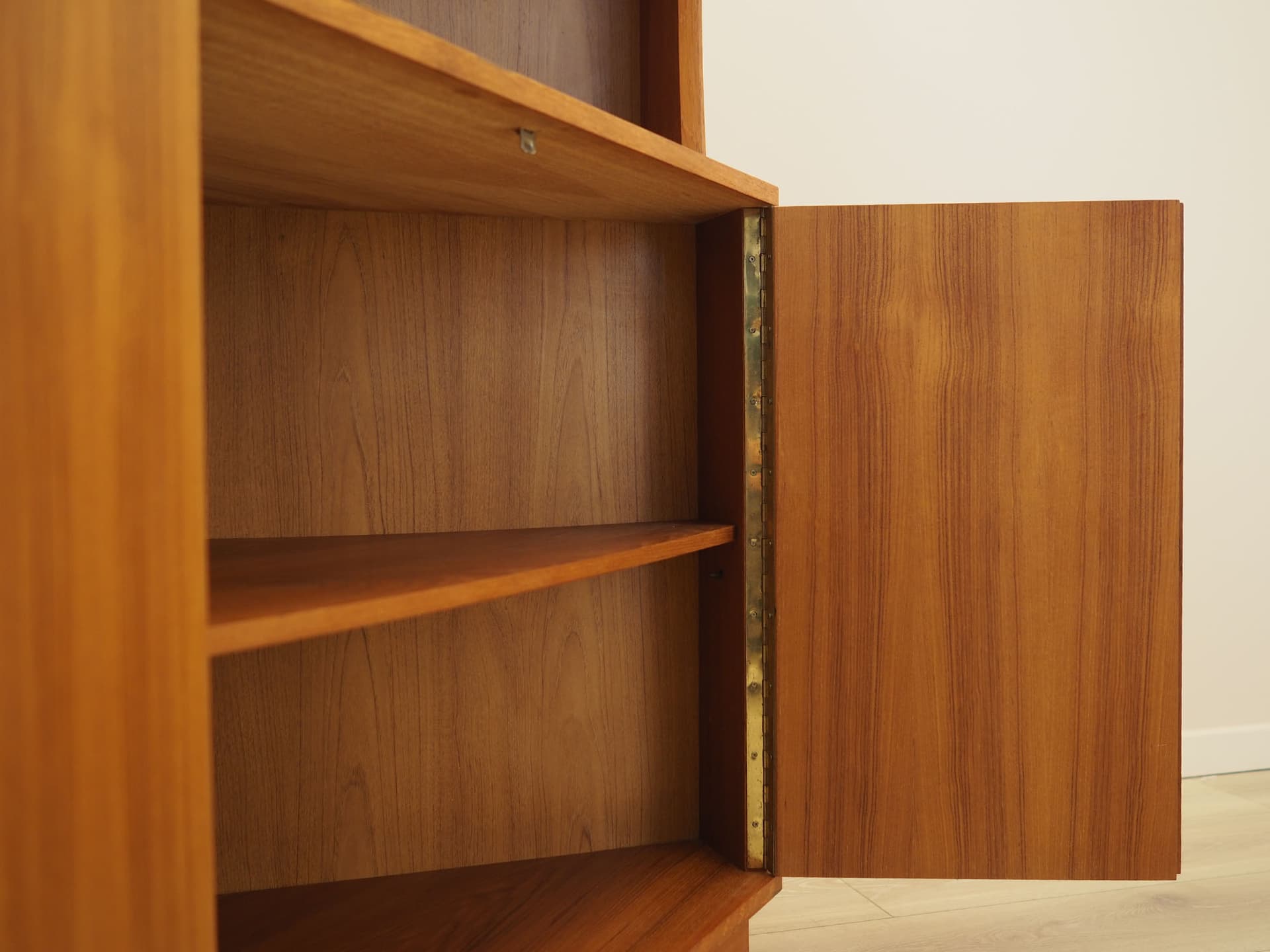 Corner display cabinet, brown orange teak, glass, Denmark, 1960s. - 388419