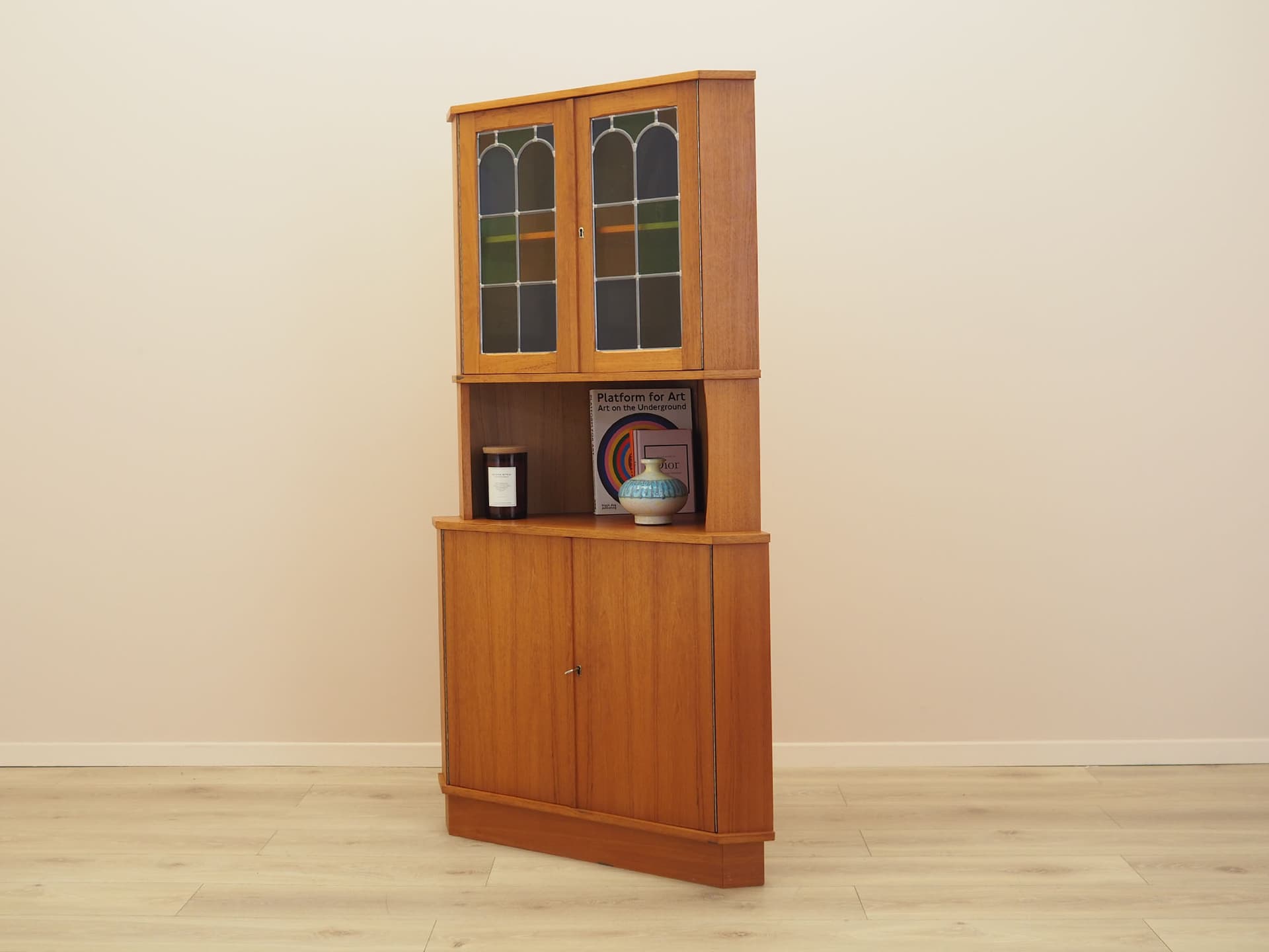 Corner display cabinet, brown orange teak, glass, Denmark, 1960s. - 388411