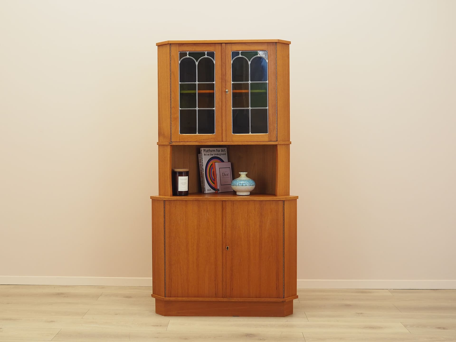 Corner display cabinet, brown orange teak, glass, Denmark, 1960s. - 388409