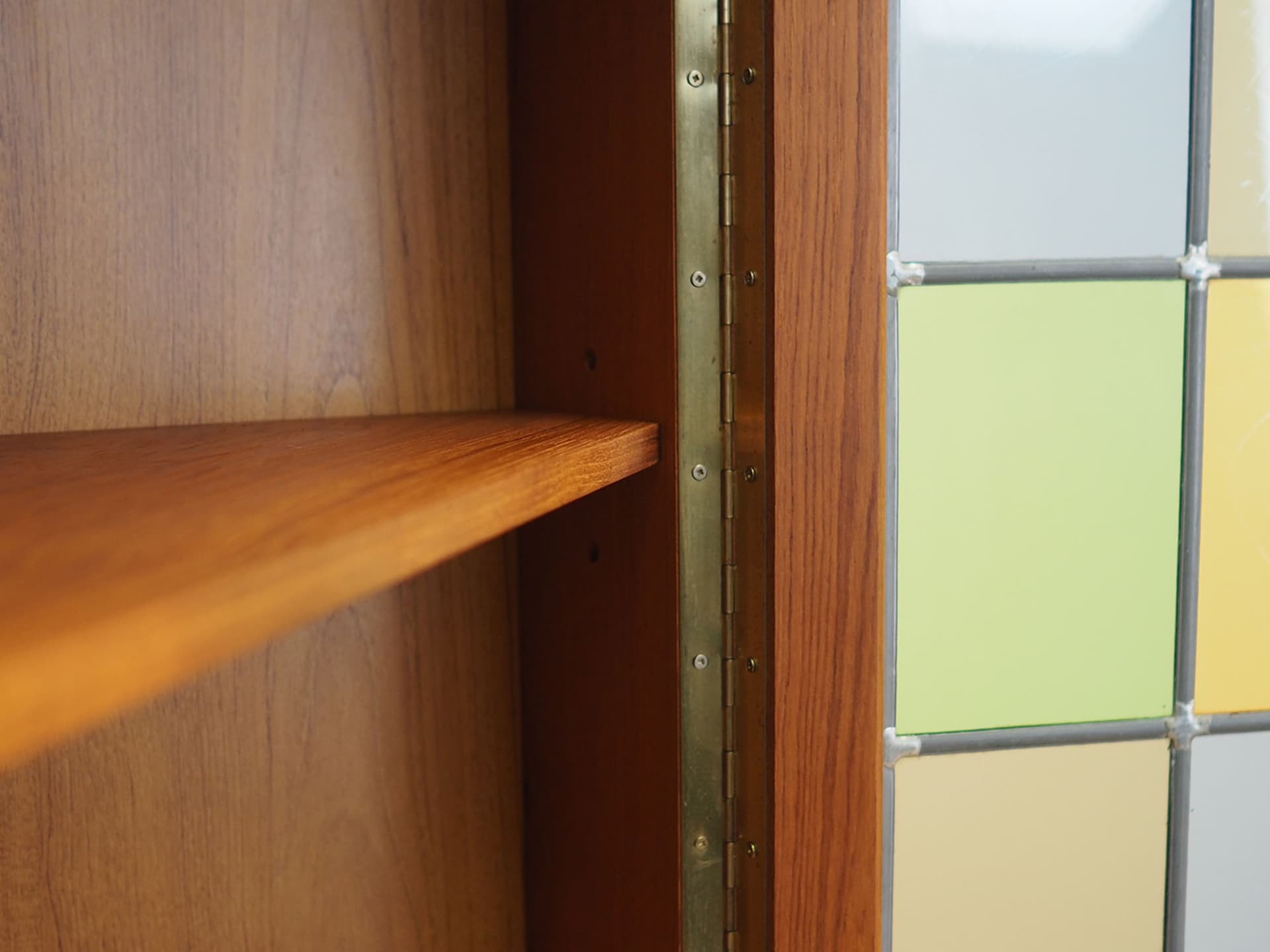 Corner display cabinet, brown orange teak, glass, Denmark, 1960s. - 388421