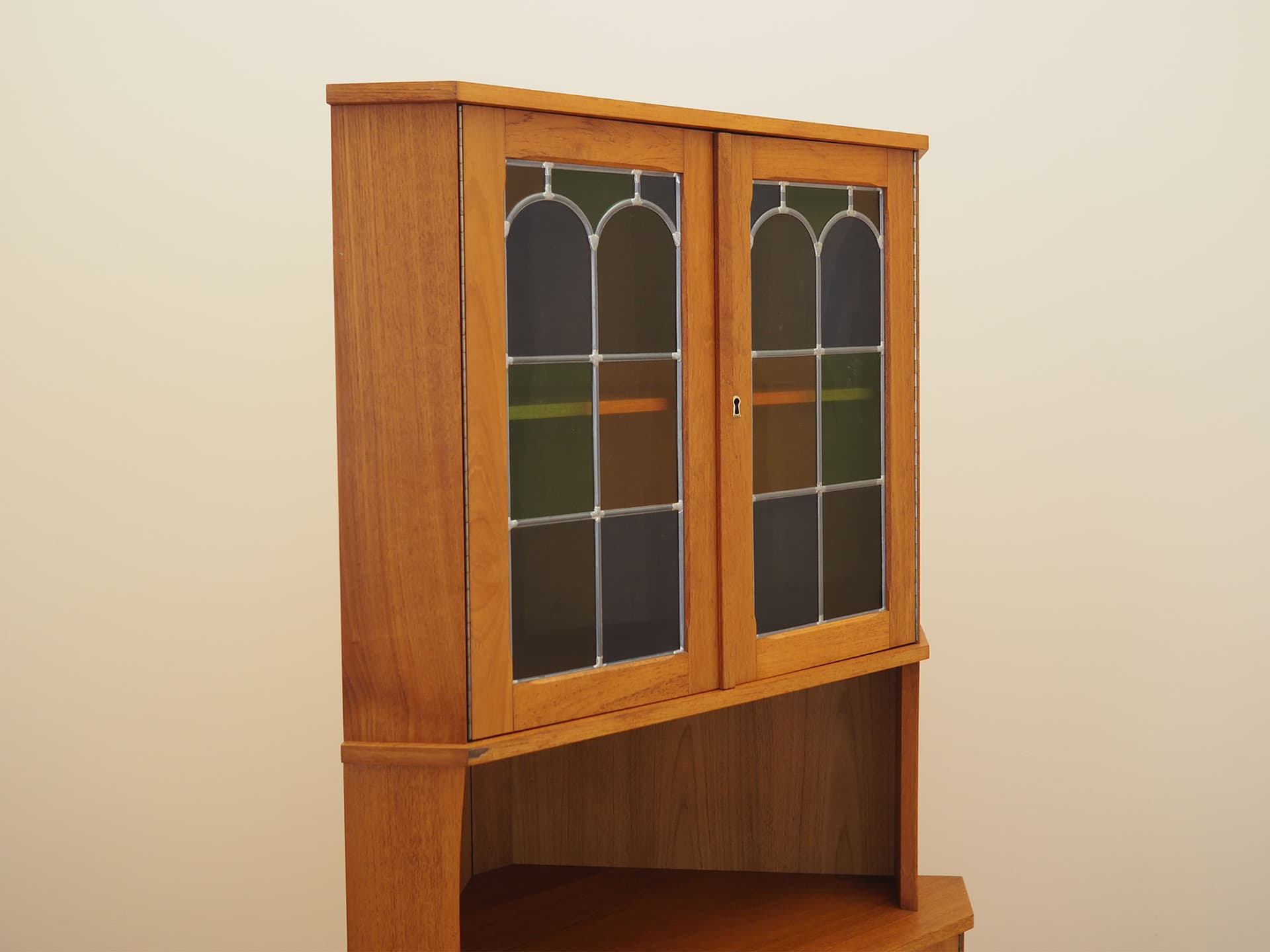 Corner display cabinet, brown orange teak, glass, Denmark, 1960s. - 388413
