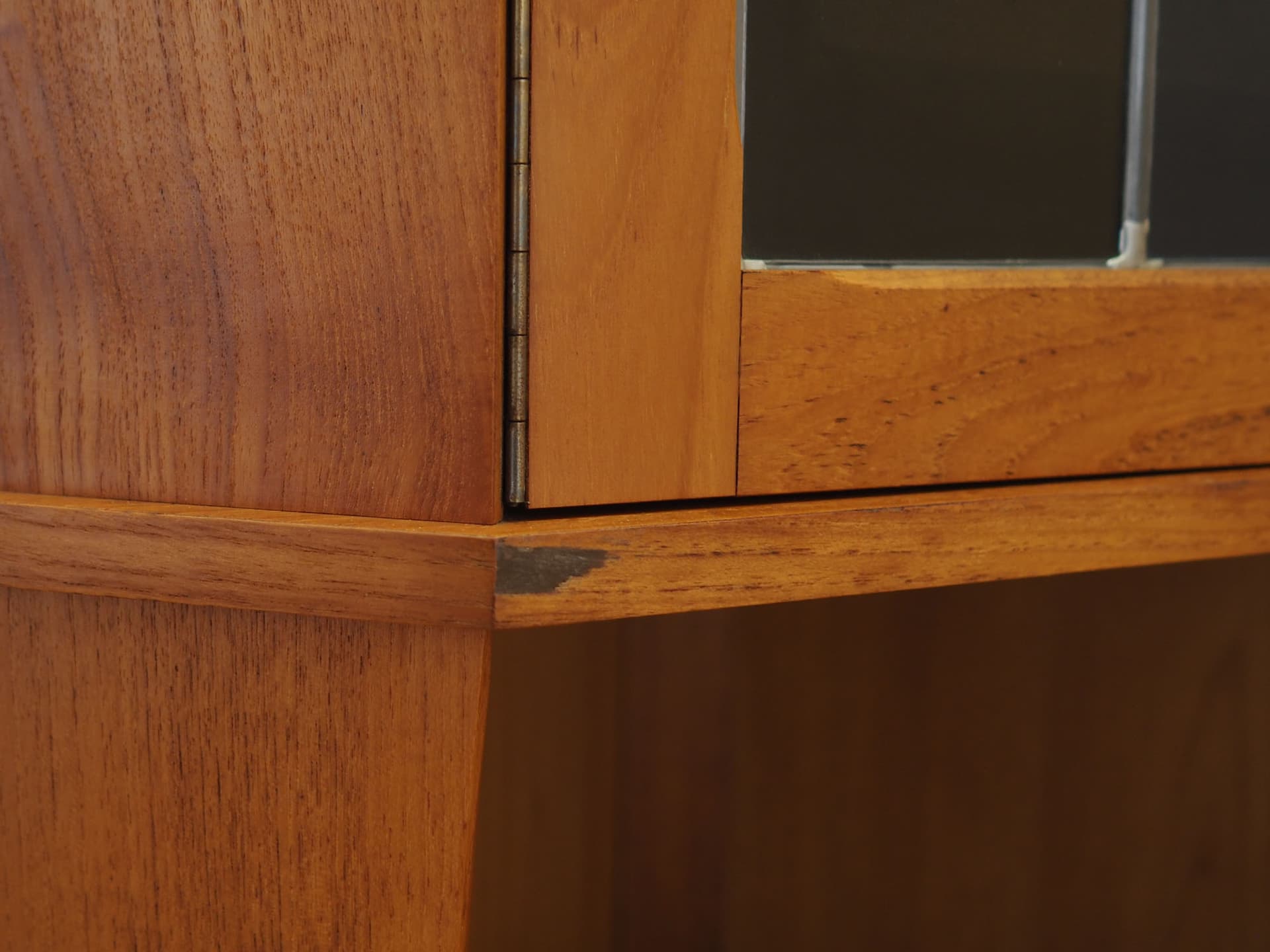 Corner display cabinet, brown orange teak, glass, Denmark, 1960s. - 388416
