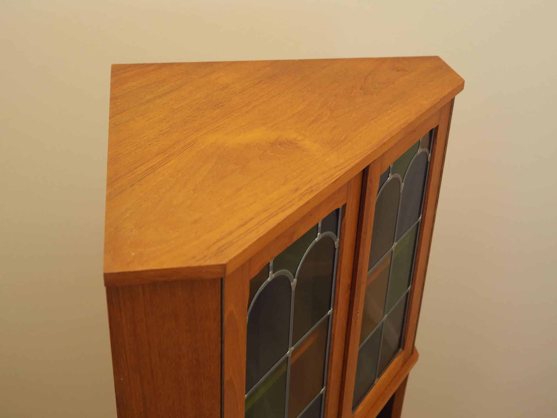 Corner display cabinet, brown orange teak, glass, Denmark, 1960s. - 388418