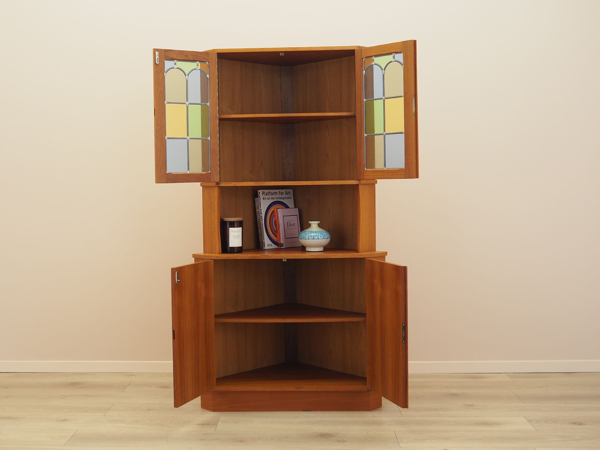 Corner display cabinet, brown orange teak, glass, Denmark, 1960s. - 388410