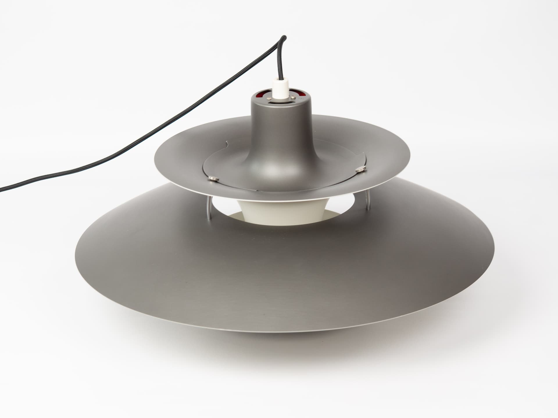 Pendant lamp PH 5, grey aluminum, by P. Henningsen, Louis Poulsen, Denmark, 1980s. - 388543