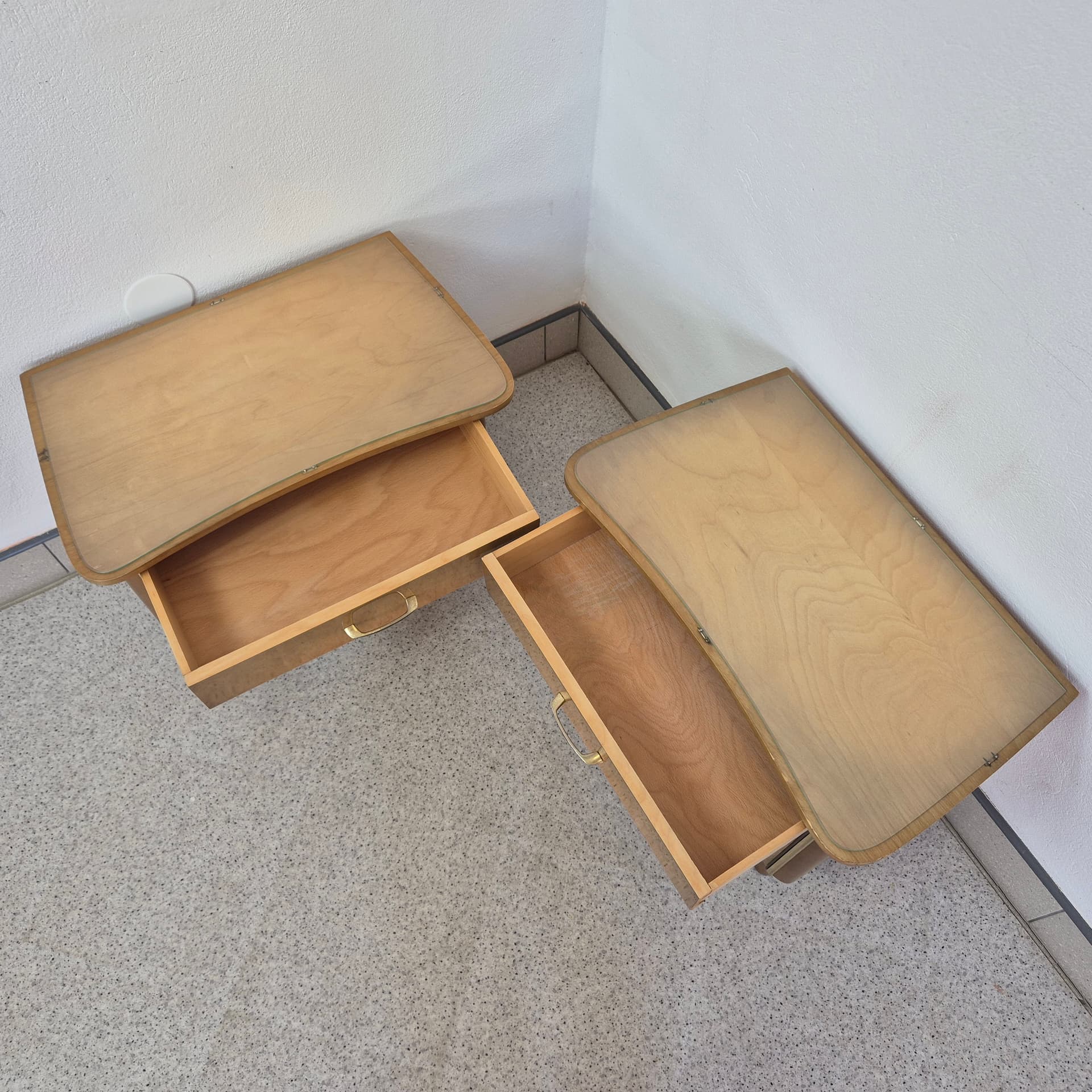 Pair of bedside cabinets, brown veneer, glass, silver metal, Germany, 1960s. - 388624