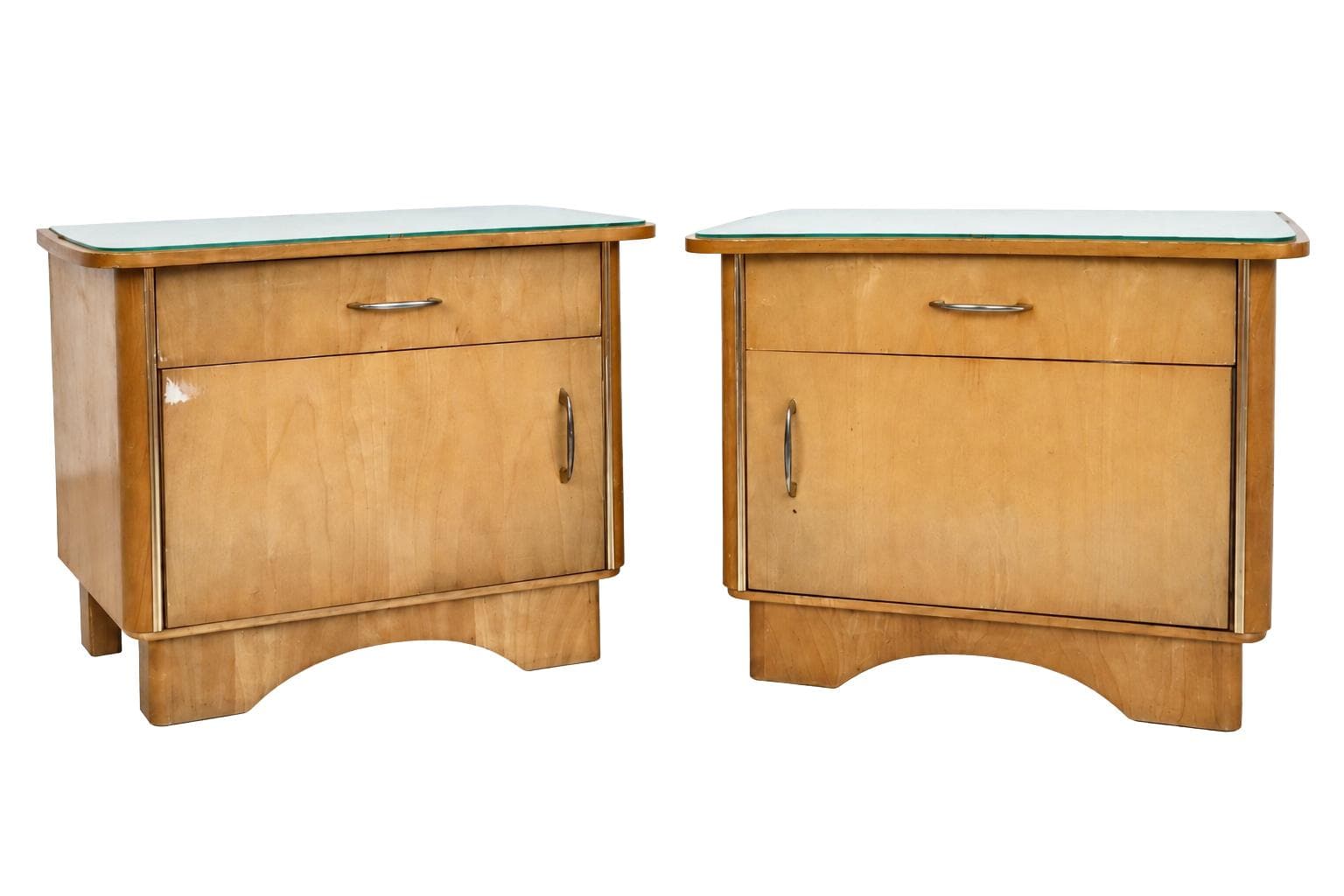Pair of bedside cabinets, brown veneer, glass, silver metal, Germany, 1960s.