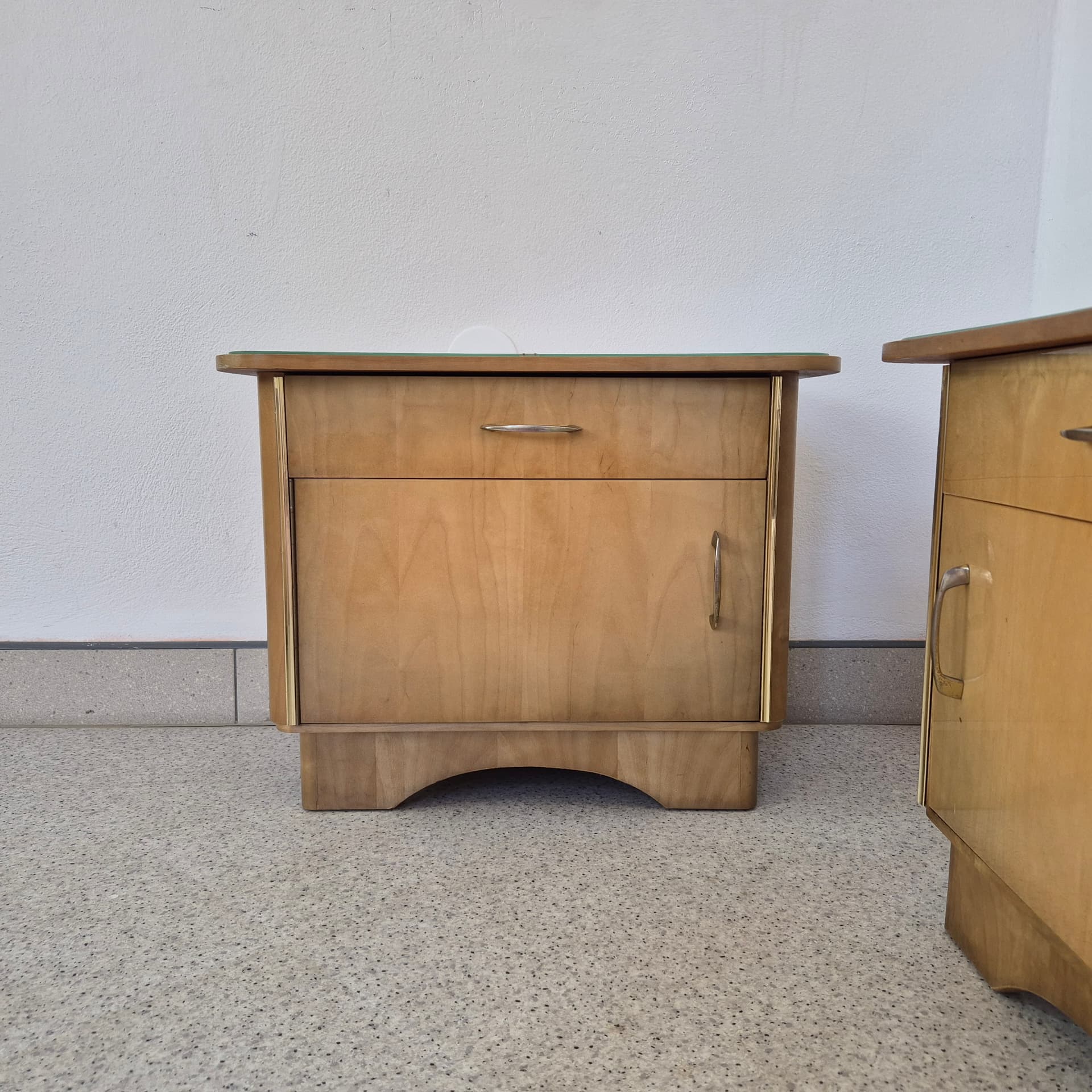Pair of bedside cabinets, brown veneer, glass, silver metal, Germany, 1960s. - 388621