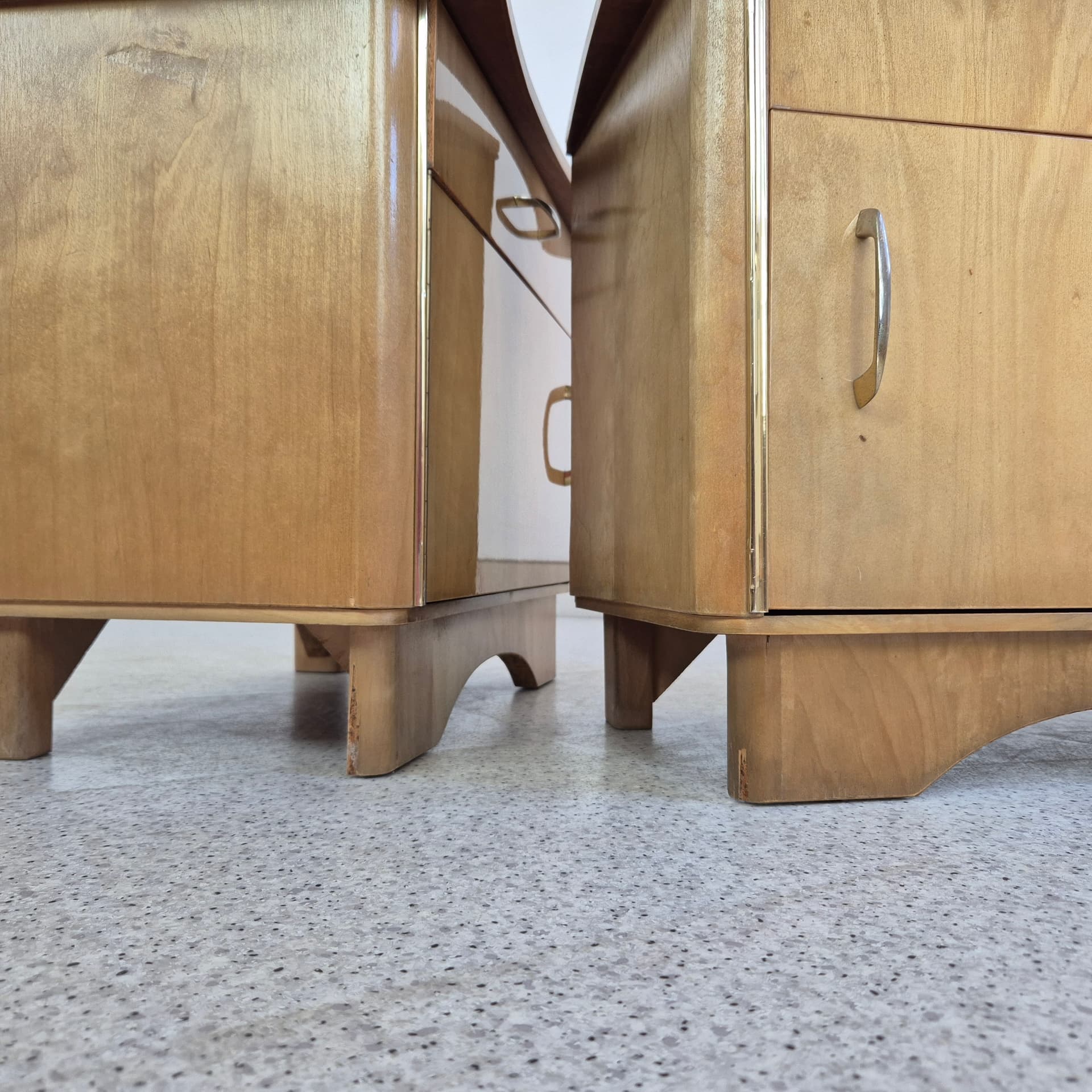 Pair of bedside cabinets, brown veneer, glass, silver metal, Germany, 1960s. - 388623