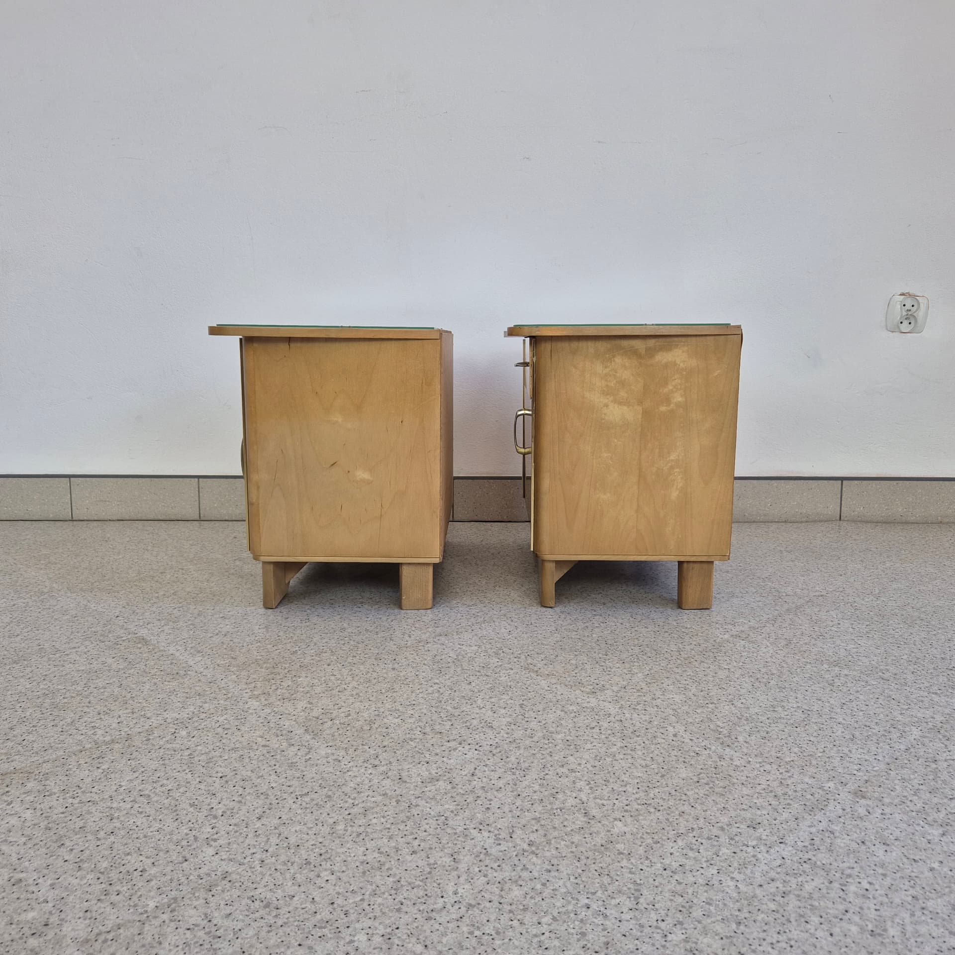 Pair of bedside cabinets, brown veneer, glass, silver metal, Germany, 1960s. - 388618