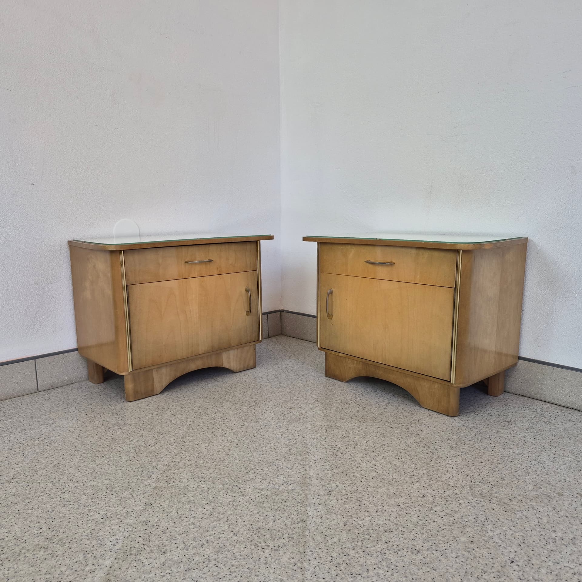 Pair of bedside cabinets, brown veneer, glass, silver metal, Germany, 1960s. - 388619