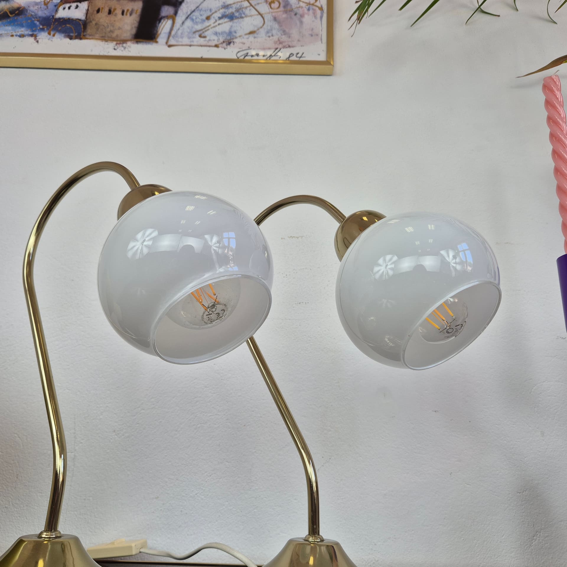 Para lamp stołowych, złoty mosiądz, szkło biały, lata 80. - 388655