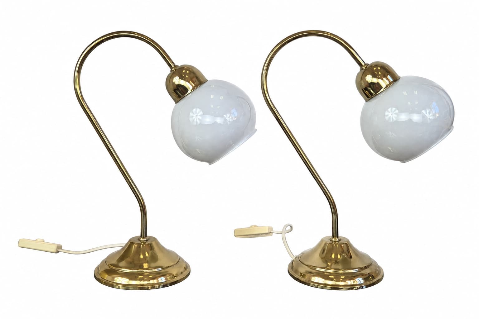 Para lamp stołowych, złoty mosiądz, szkło biały, lata 80. - 388657