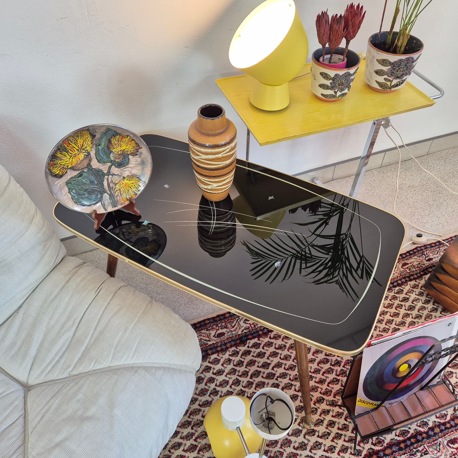 Coffee Table Rockabilly, black glass, brown wood, gold brass, Germany, 1960s. - 388668