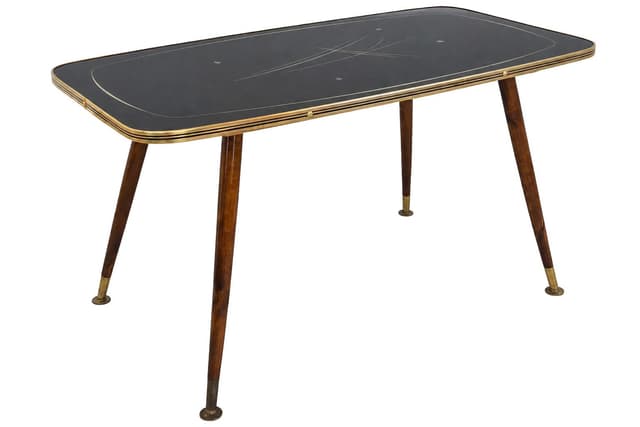 Coffee Table Rockabilly, black glass, brown wood, gold brass, Germany, 1960s. - DIMENSION