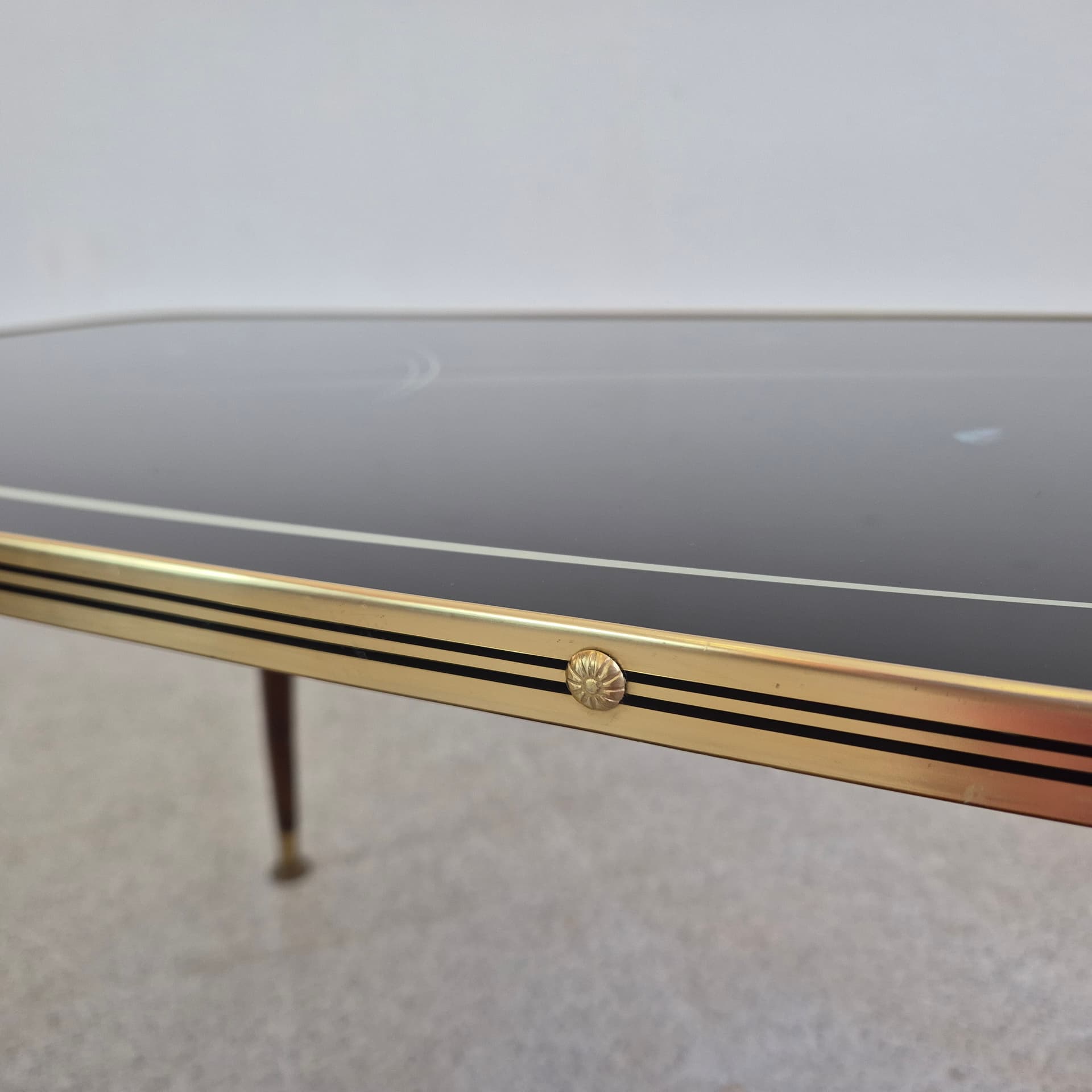 Coffee Table Rockabilly, black glass, brown wood, gold brass, Germany, 1960s. - 388662