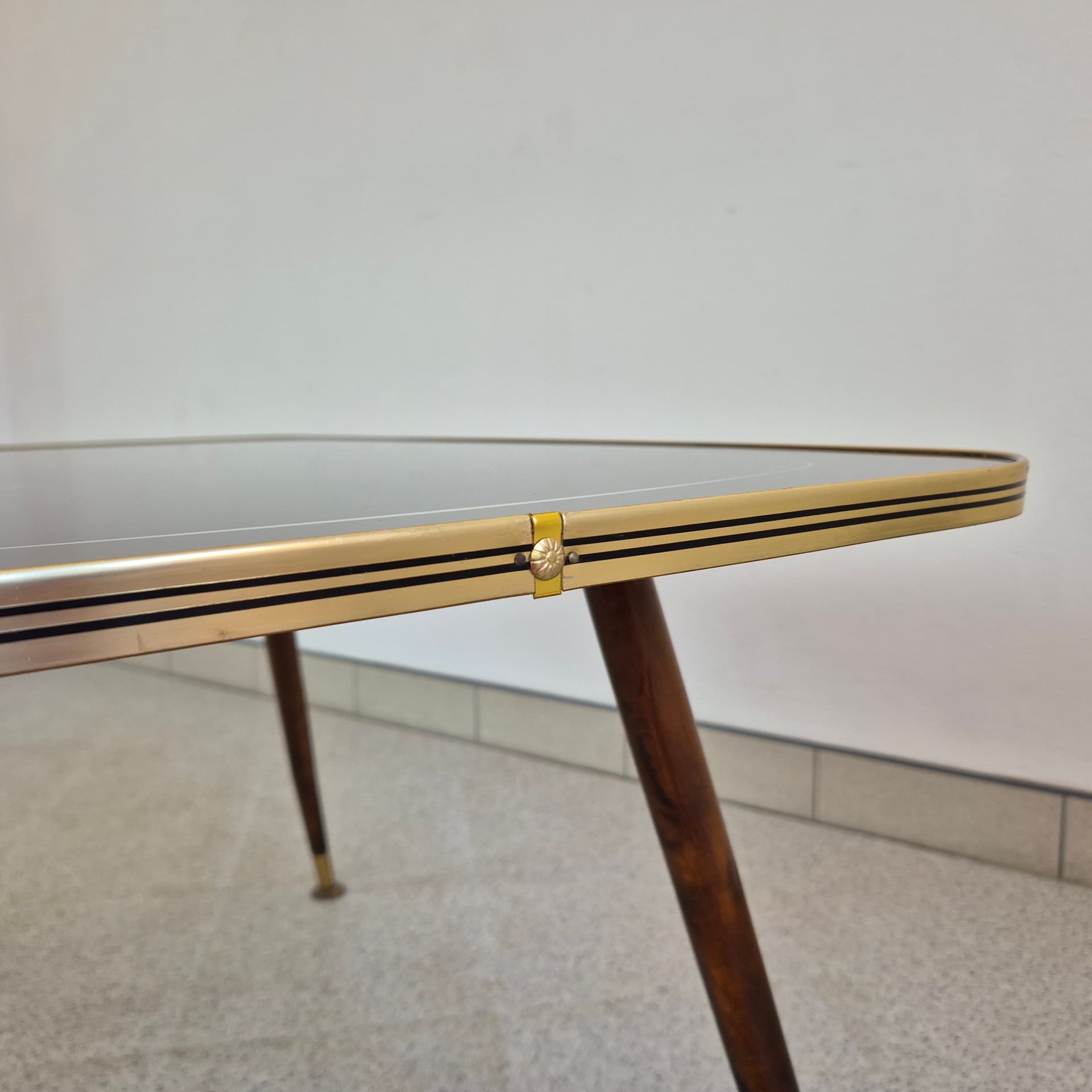 Coffee Table Rockabilly, black glass, brown wood, gold brass, Germany, 1960s. - 388663