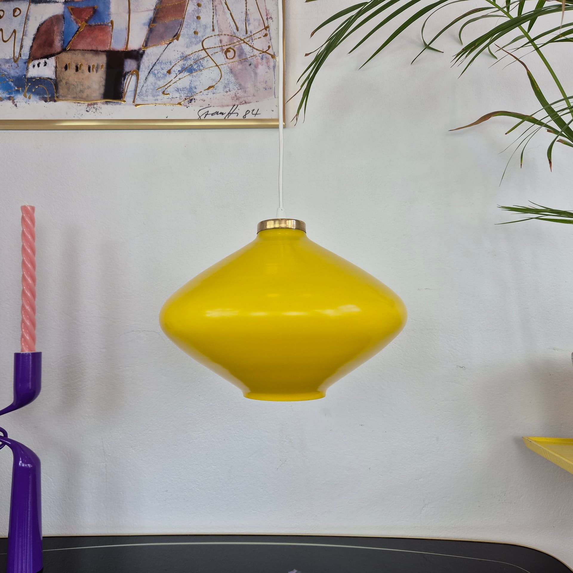 Pendant lamp, yellow glass, brass, Hungary, 1970s. - 388694
