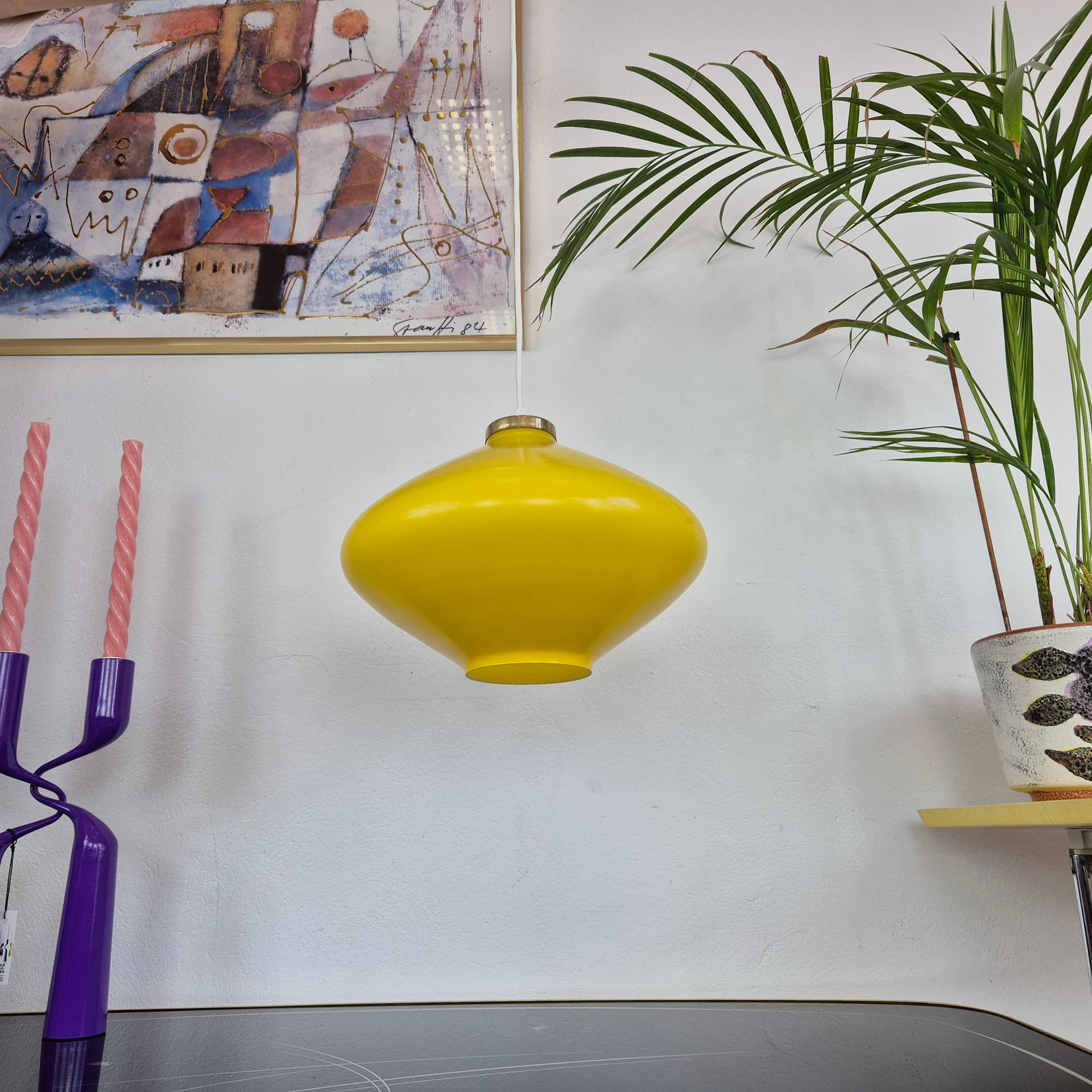 Pendant lamp, yellow glass, brass, Hungary, 1970s. - 388695