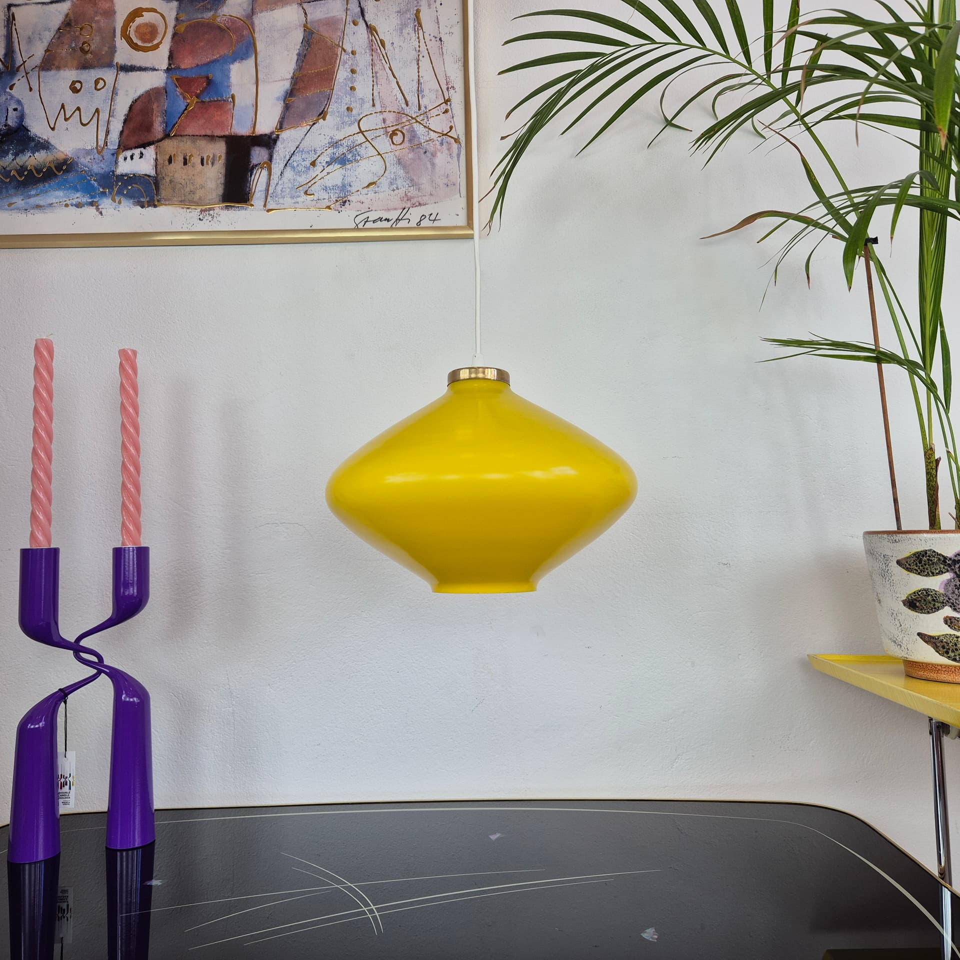Pendant lamp, yellow glass, brass, Hungary, 1970s. - 388693