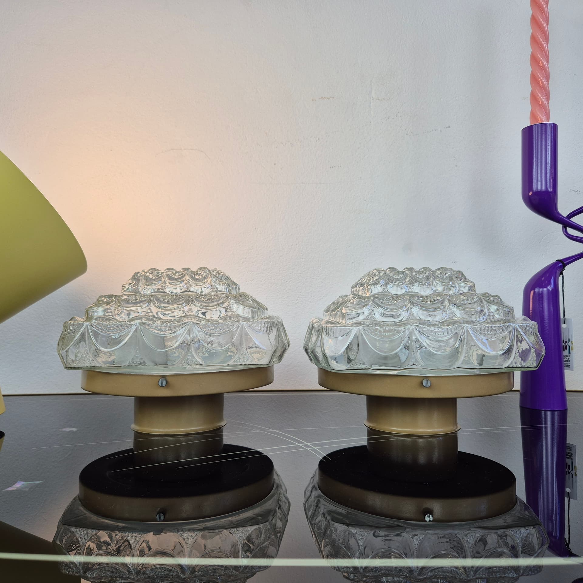 Pair of ceiling lamps, clear glass, metal, Sweden, 1960s. - 388731