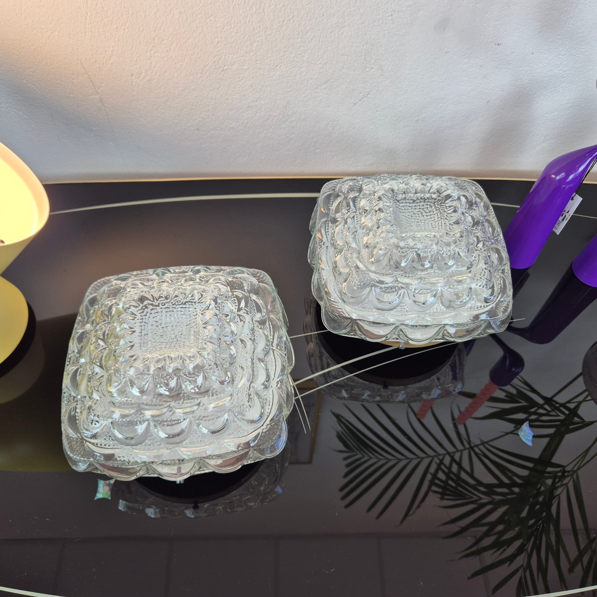 Pair of ceiling lamps, clear glass, metal, Sweden, 1960s. - 388730